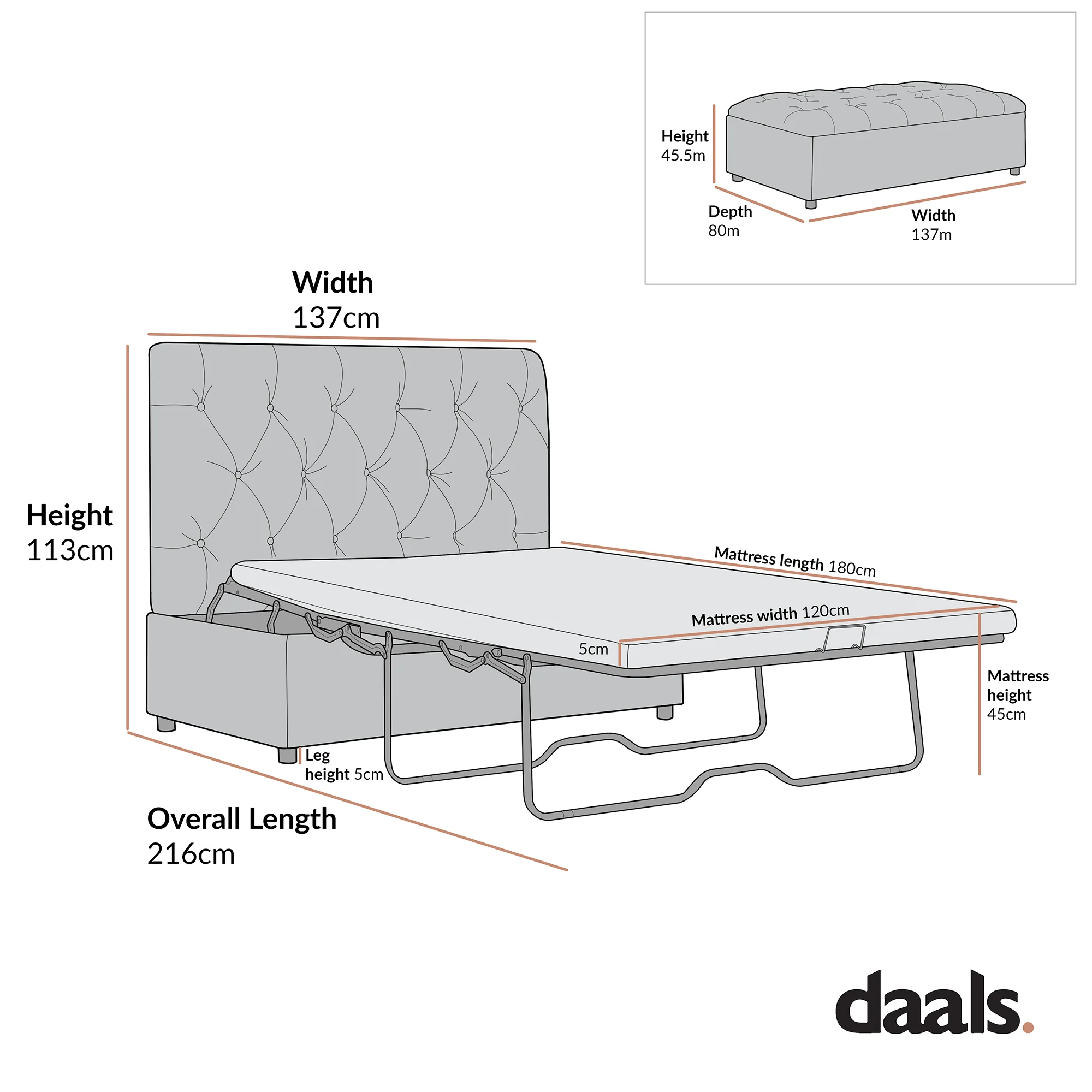 Portland Small Double Buttoned Fold-Out Bed in Ottoman, Rust Velvet - Image 12