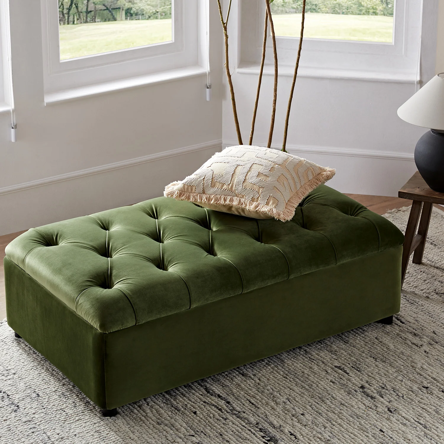 Portland Small Double Buttoned Fold-Out Bed in Ottoman, Moss Green Velvet - Image 6