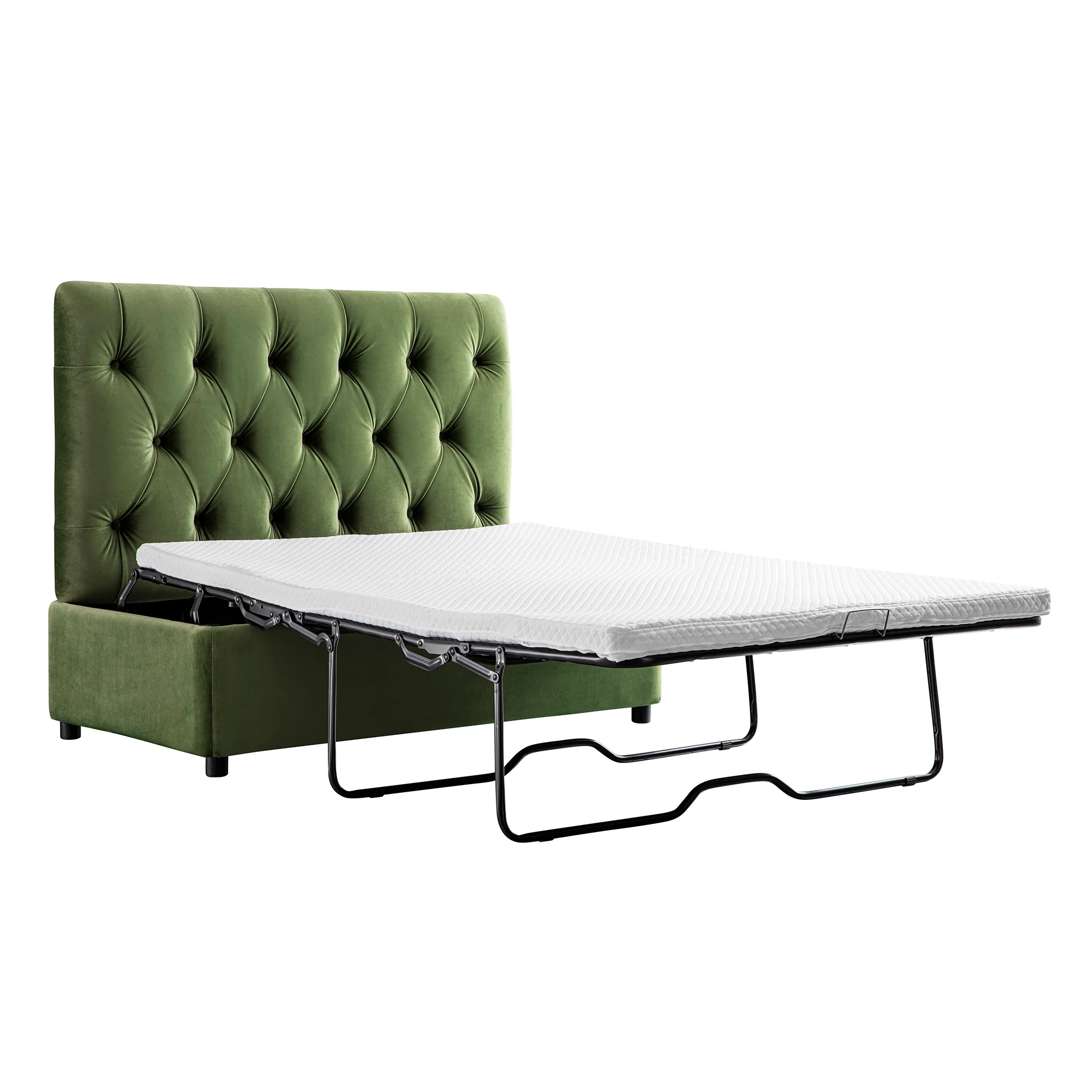 Portland Small Double Buttoned Fold-Out Bed in Ottoman, Moss Green Velvet - Image 9
