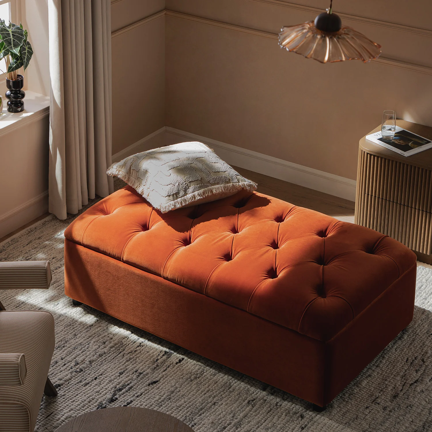 Portland Small Double Buttoned Fold-Out Bed in Ottoman, Rust Velvet - Image 6