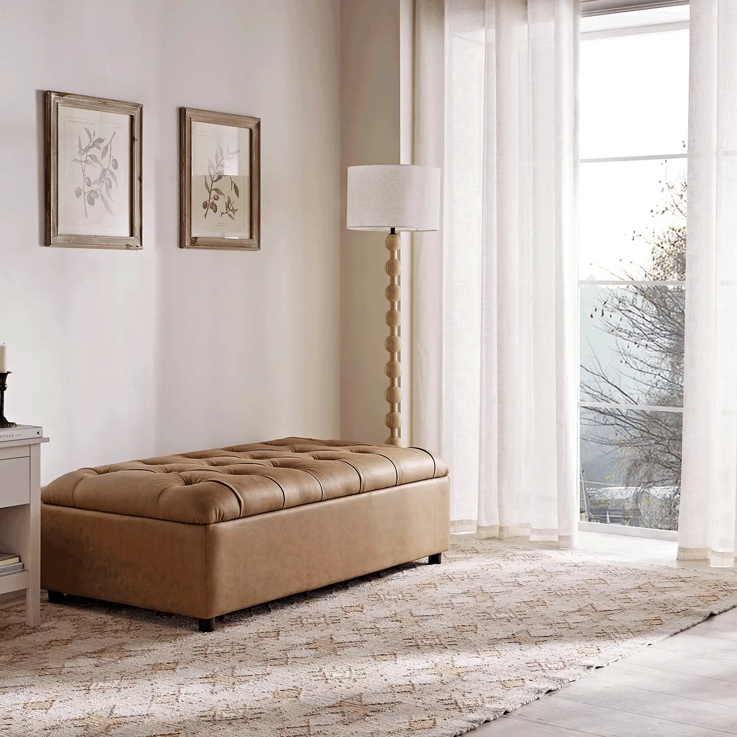 Portland Small Double Buttoned Fold-Out Bed in Ottoman, Tan Faux Suede - Image 3