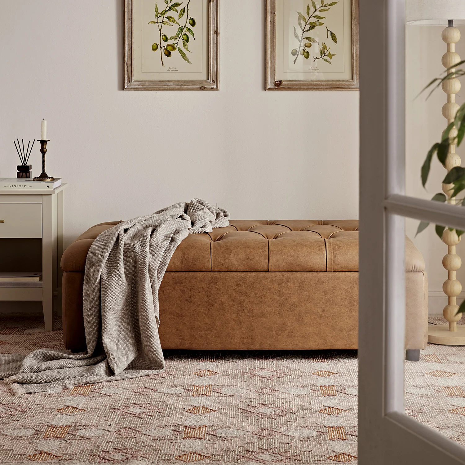 Portland Small Double Buttoned Fold-Out Bed in Ottoman, Tan Faux Suede - Image 5