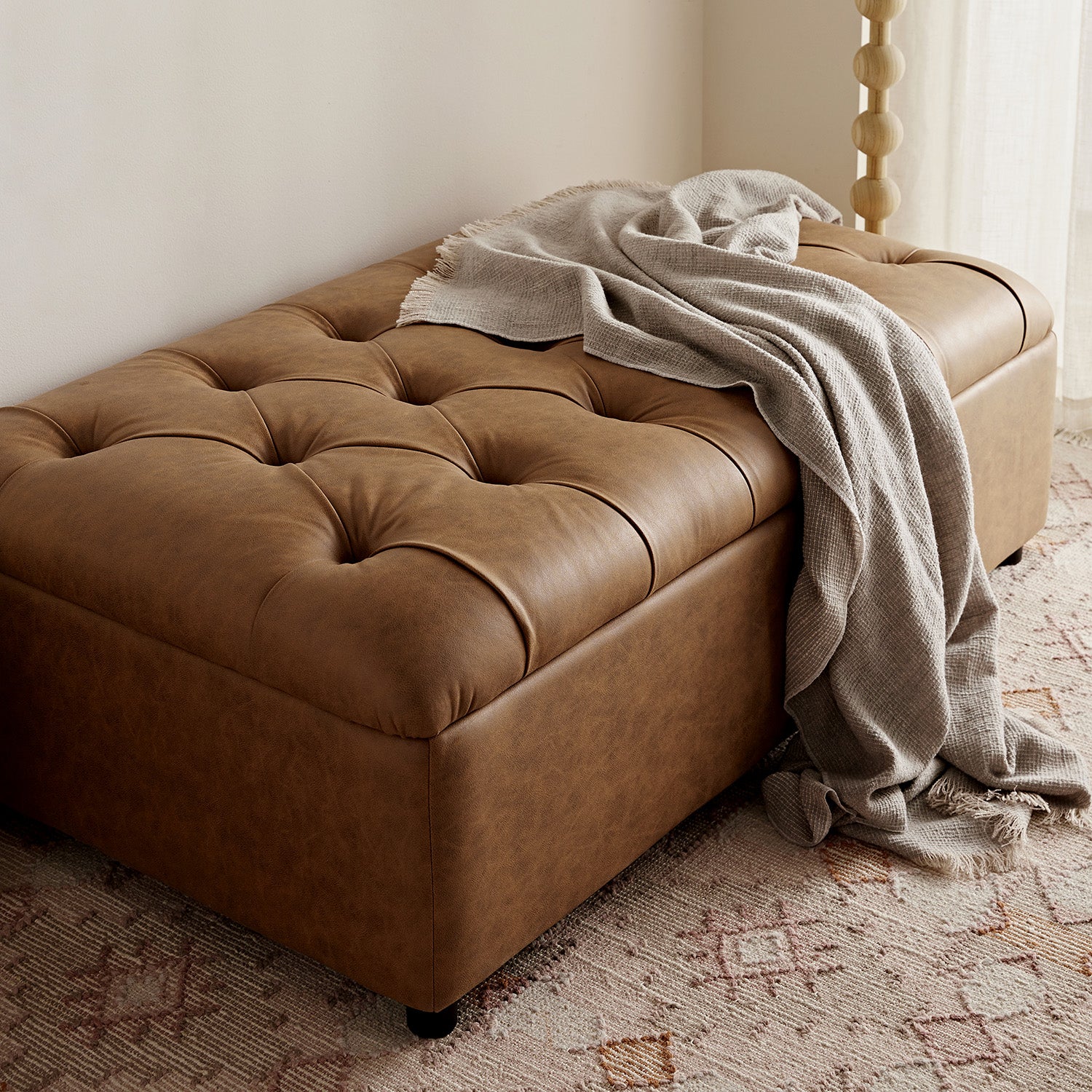 Portland Small Double Buttoned Fold-Out Bed in Ottoman, Tan Faux Suede - Image 8