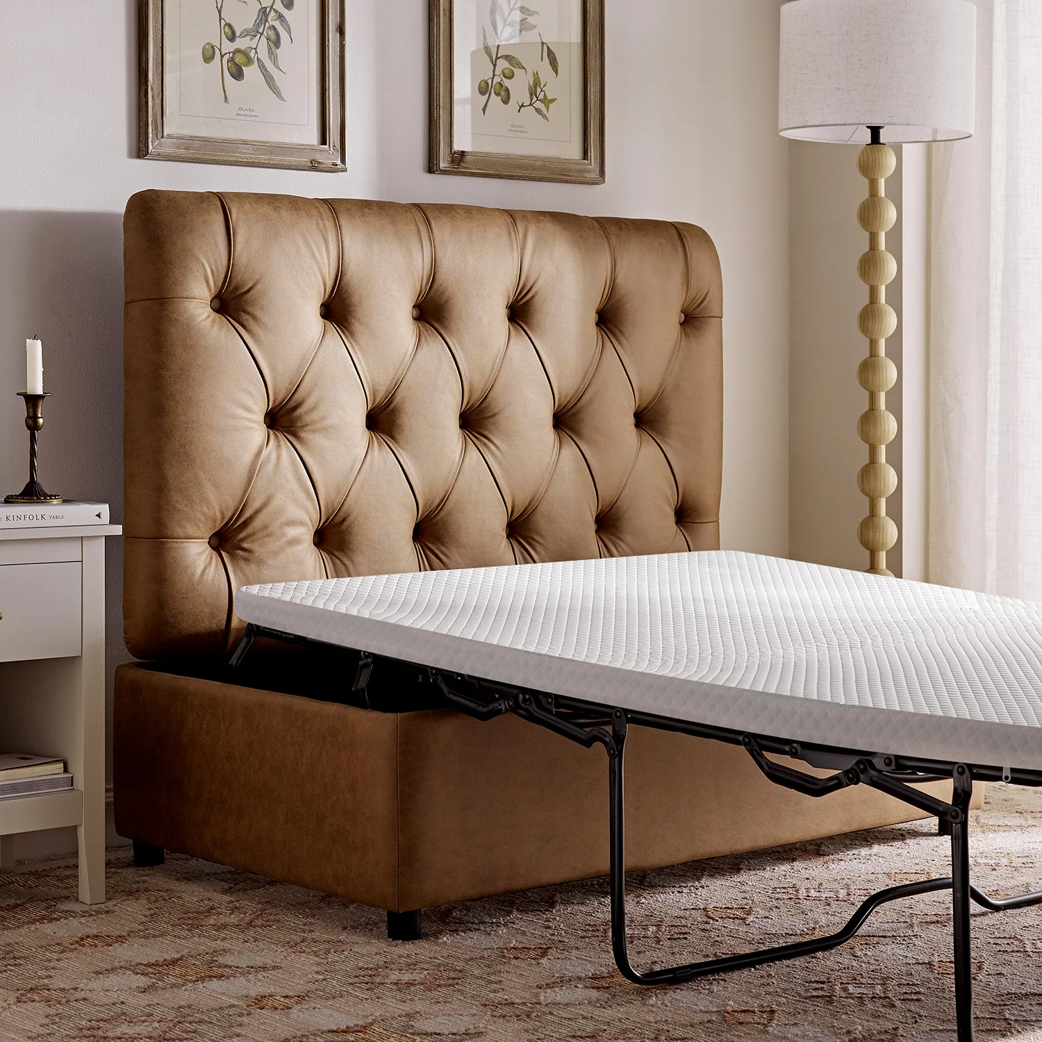 Portland Small Double Buttoned Fold-Out Bed in Ottoman, Tan Faux Suede - Image 9