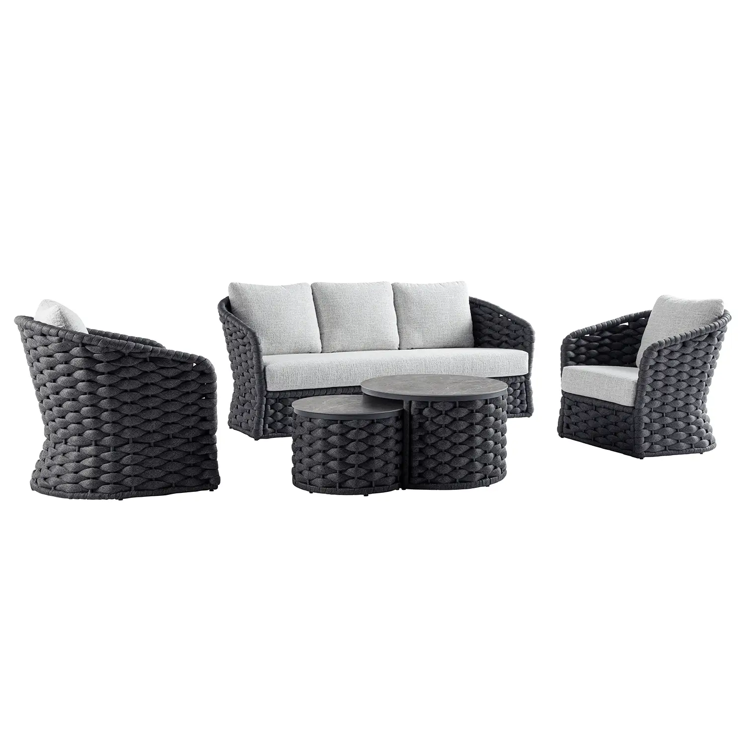 Positano Wide Rope Sofa Set with Nesting Coffee Tables, Grey - Image 2