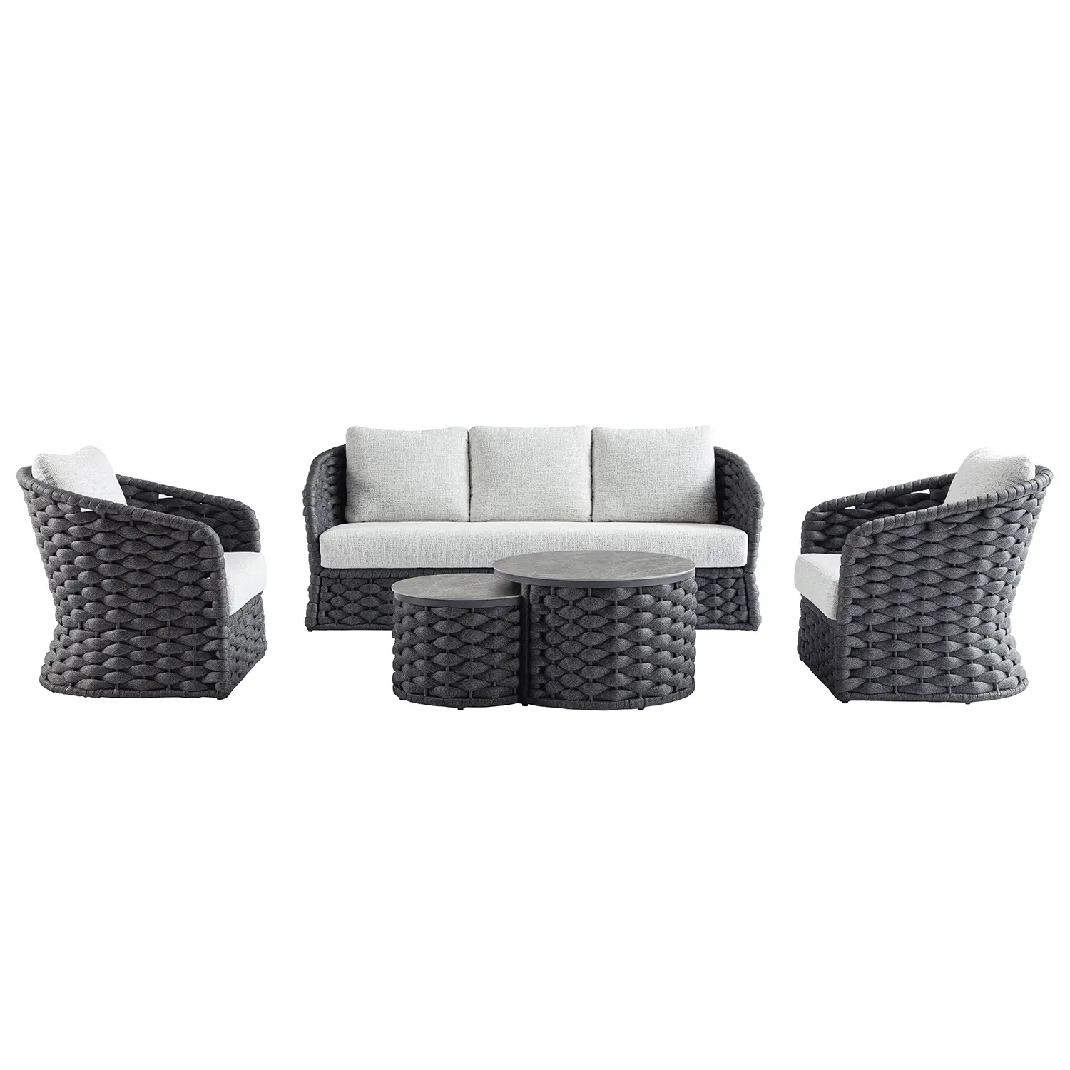 Positano Wide Rope Sofa Set with Nesting Coffee Tables, Grey - Image 4