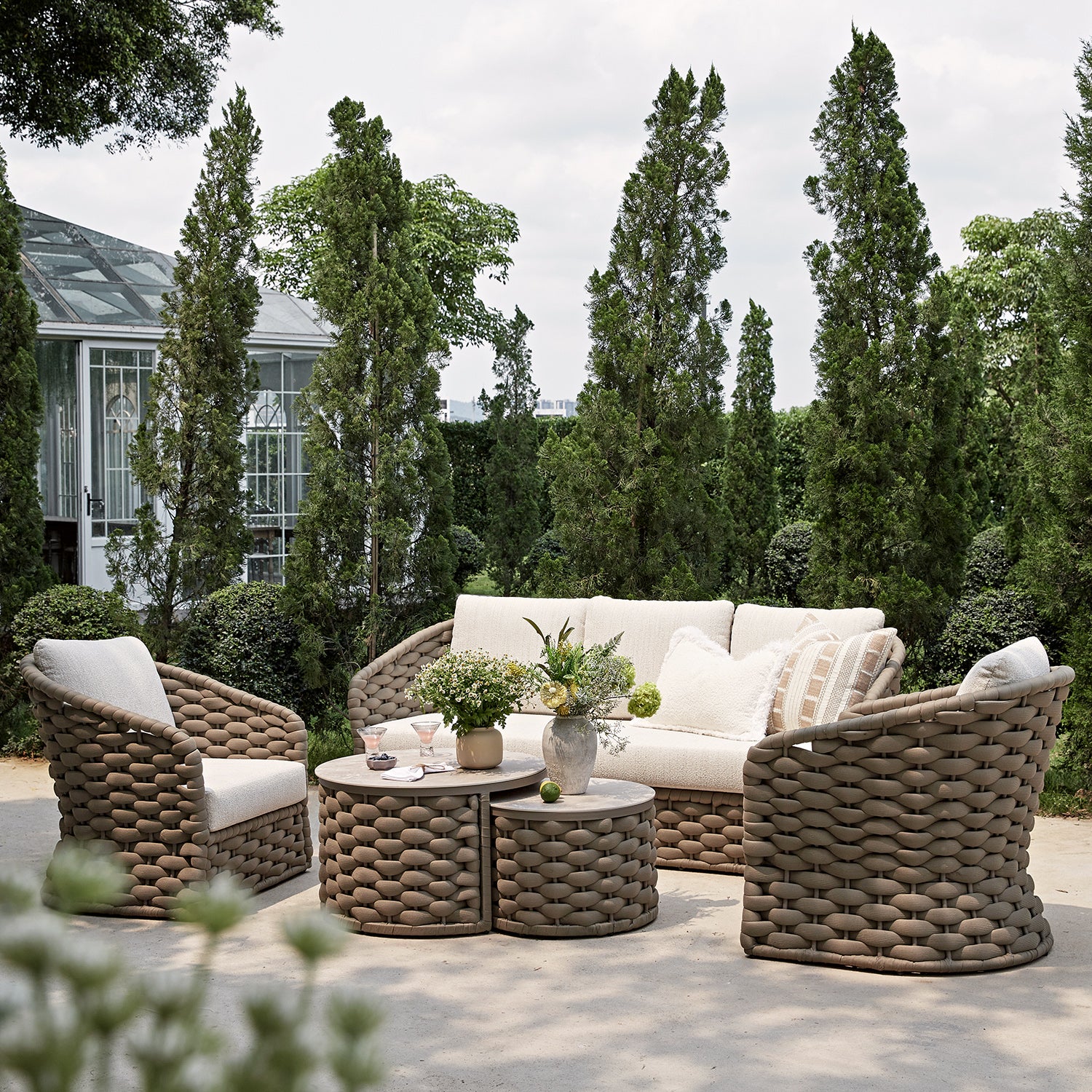 Positano Wide Rope Sofa Set with Nesting Coffee Tables, Taupe - Image 2