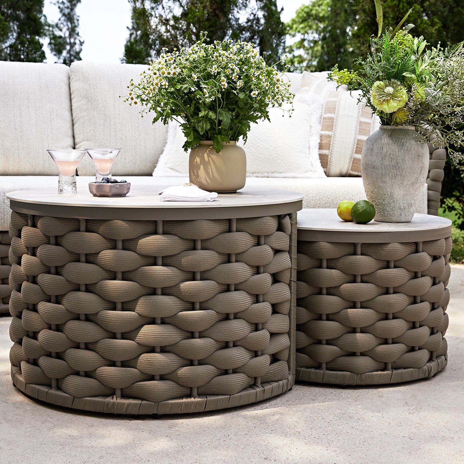 Positano Wide Rope Sofa Set with Nesting Coffee Tables, Taupe - Image 8
