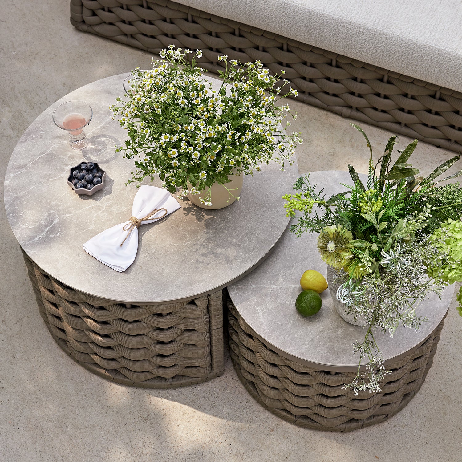 Positano Wide Rope Sofa Set with Nesting Coffee Tables, Taupe - Image 9