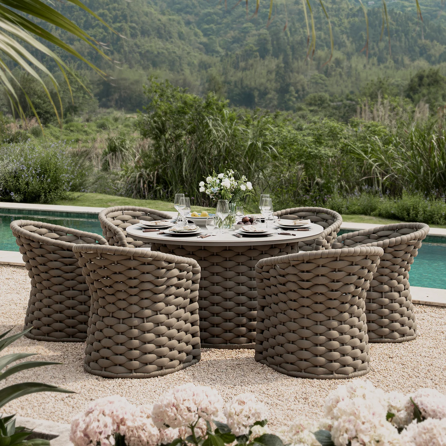 Positano Wide Rope 6-Seater Round Dining Set, Taupe - Image 3