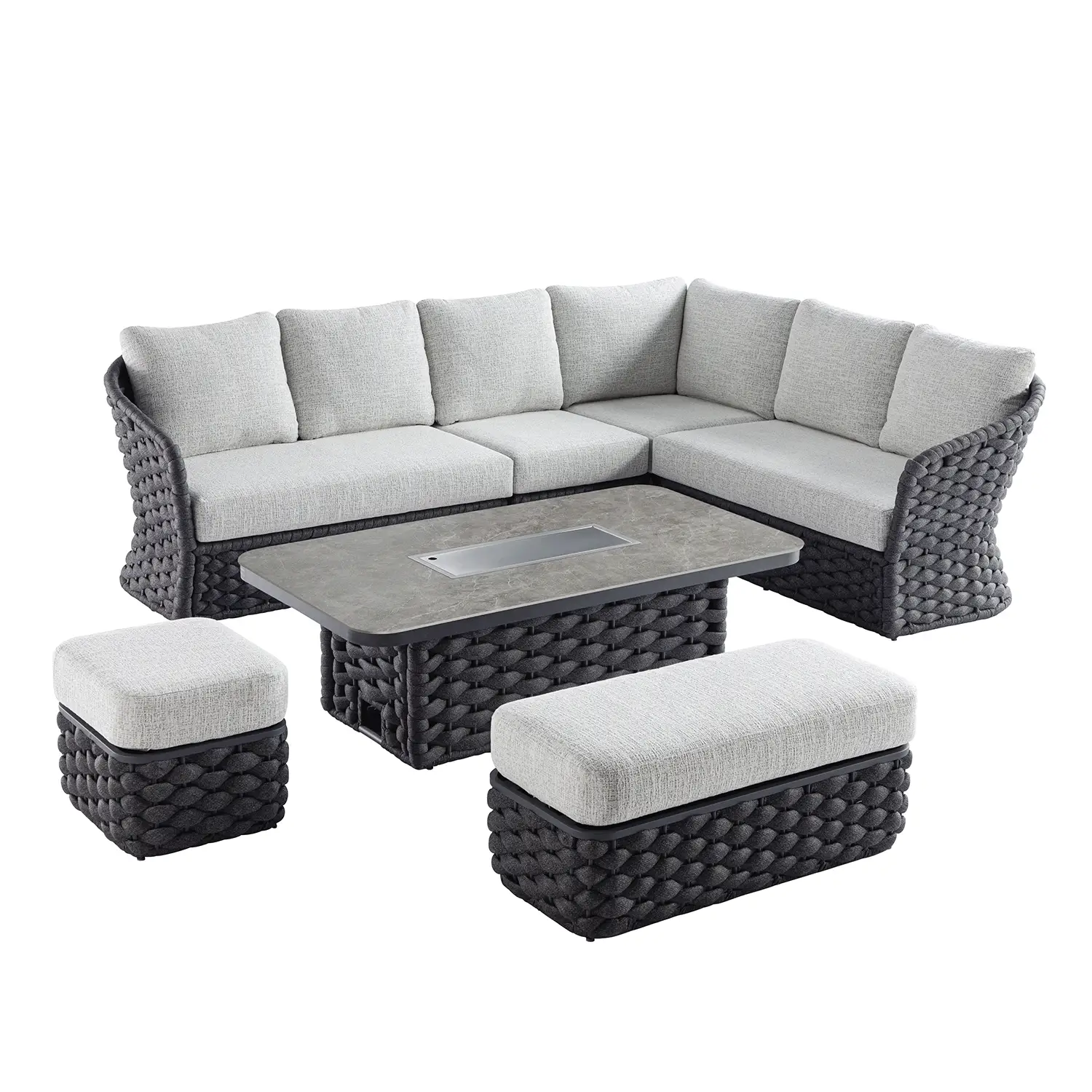 Positano Wide Rope Large Corner Casual Dining Set | Firepit Table, Grey - Image 4