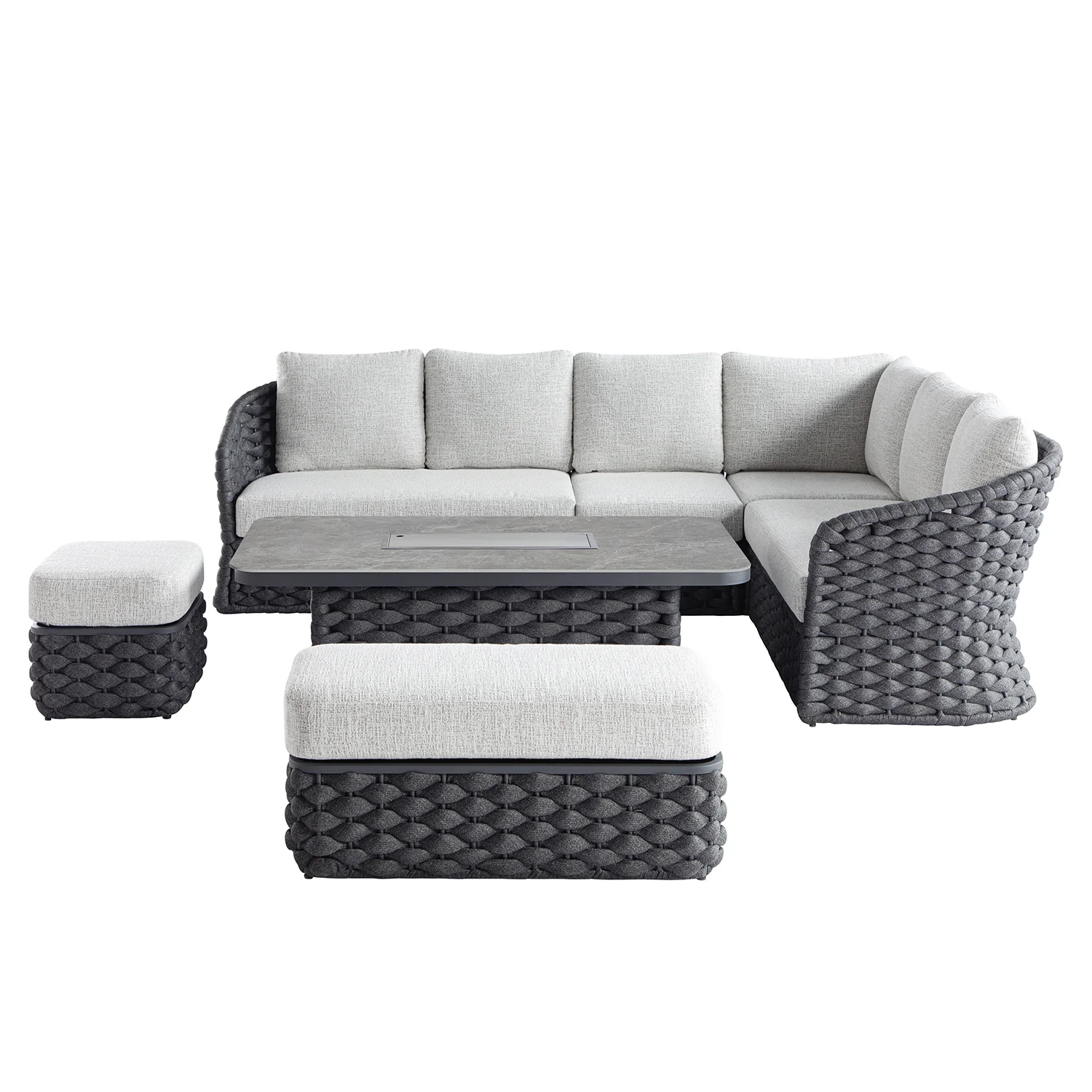 Positano Wide Rope Large Corner Casual Dining Set | Firepit Table, Grey - Image 5