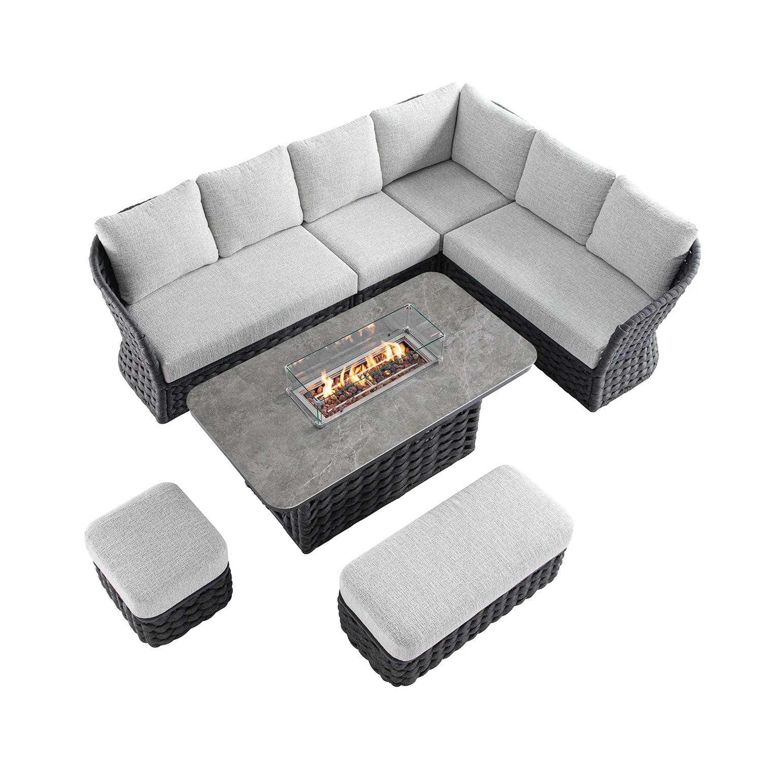 Positano Wide Rope Large Corner Casual Dining Set | Firepit Table, Grey - Image 6