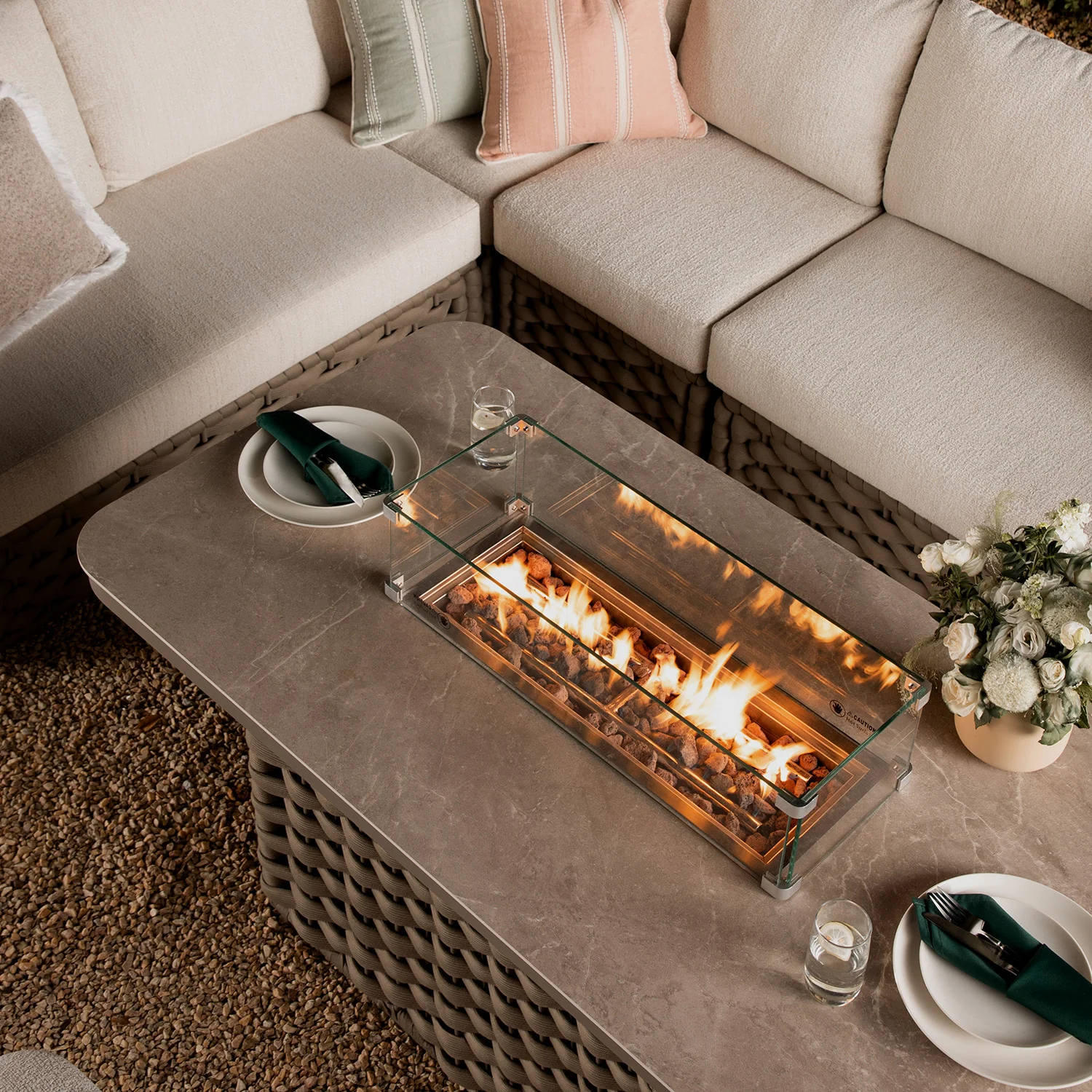 Positano Wide Rope Large Corner Casual Dining Set | Firepit Table, Taupe - Image 10