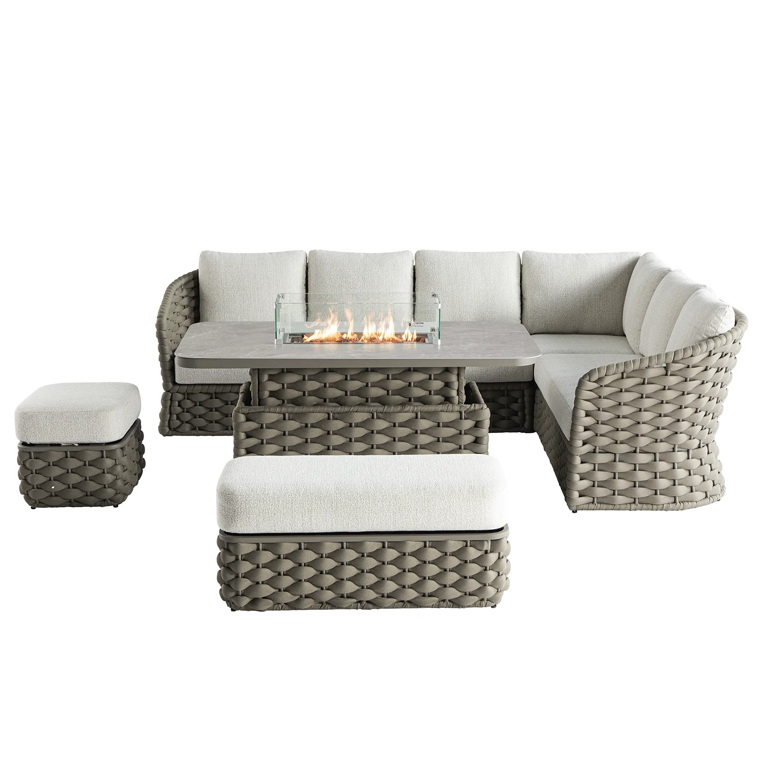 Positano Wide Rope Large Corner Casual Dining Set | Firepit Table, Taupe - Image 14