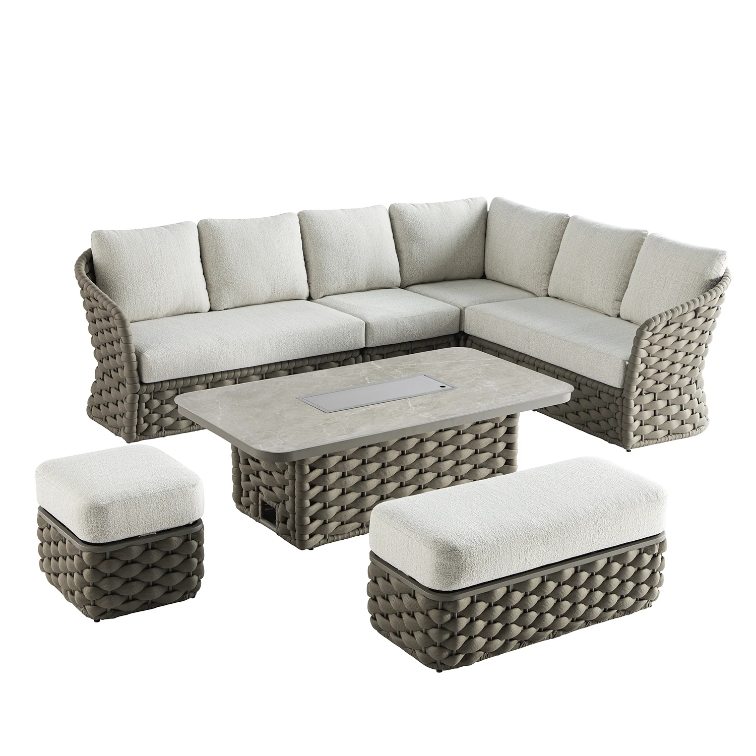 Positano Wide Rope Large Corner Casual Dining Set | Firepit Table, Taupe - Image 18