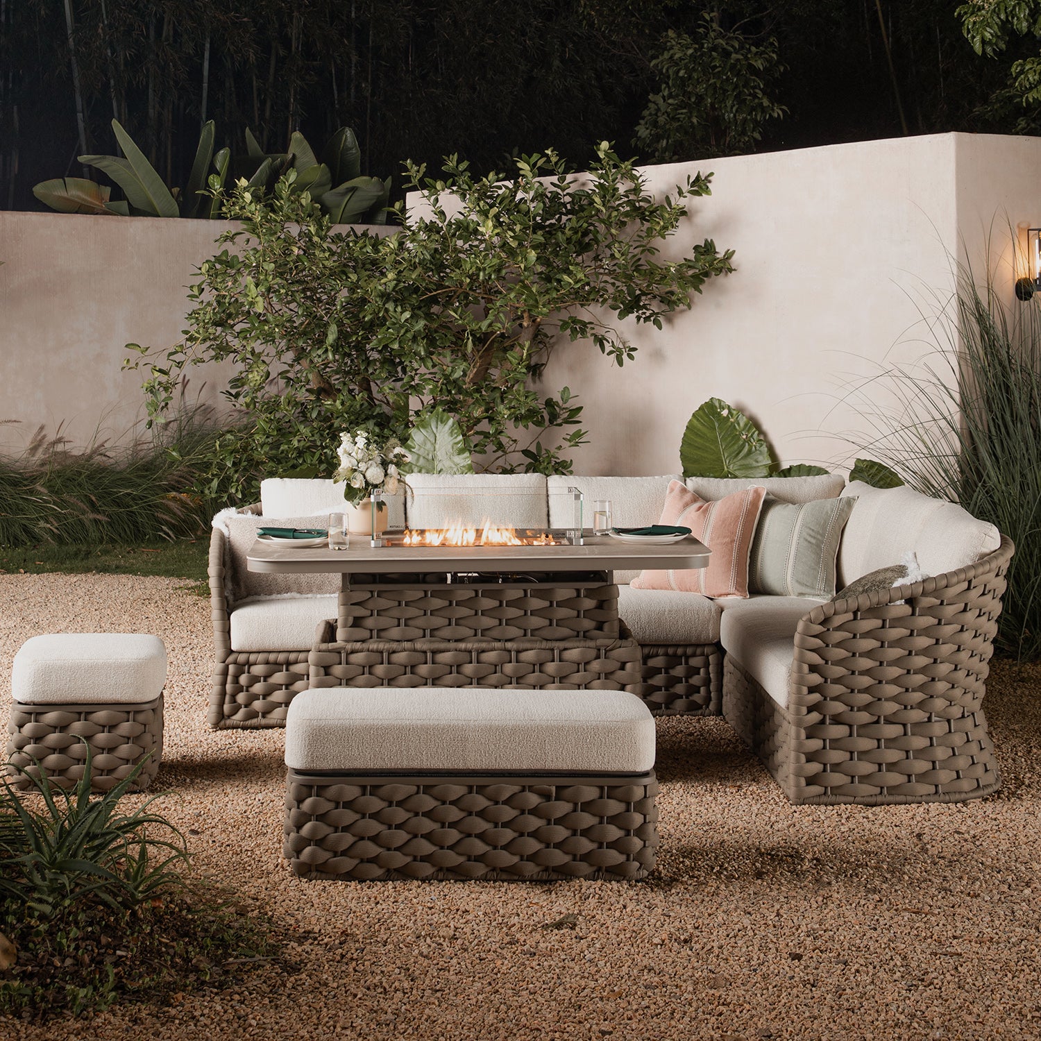 Positano Wide Rope Large Corner Casual Dining Set | Firepit Table, Taupe - Image 2