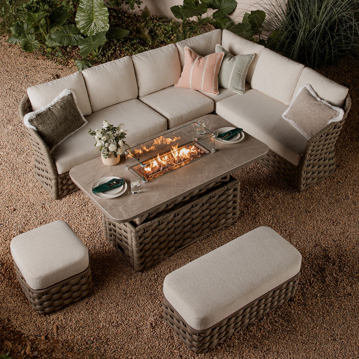 Positano Wide Rope Large Corner Casual Dining Set | Firepit Table, Taupe - Image 3