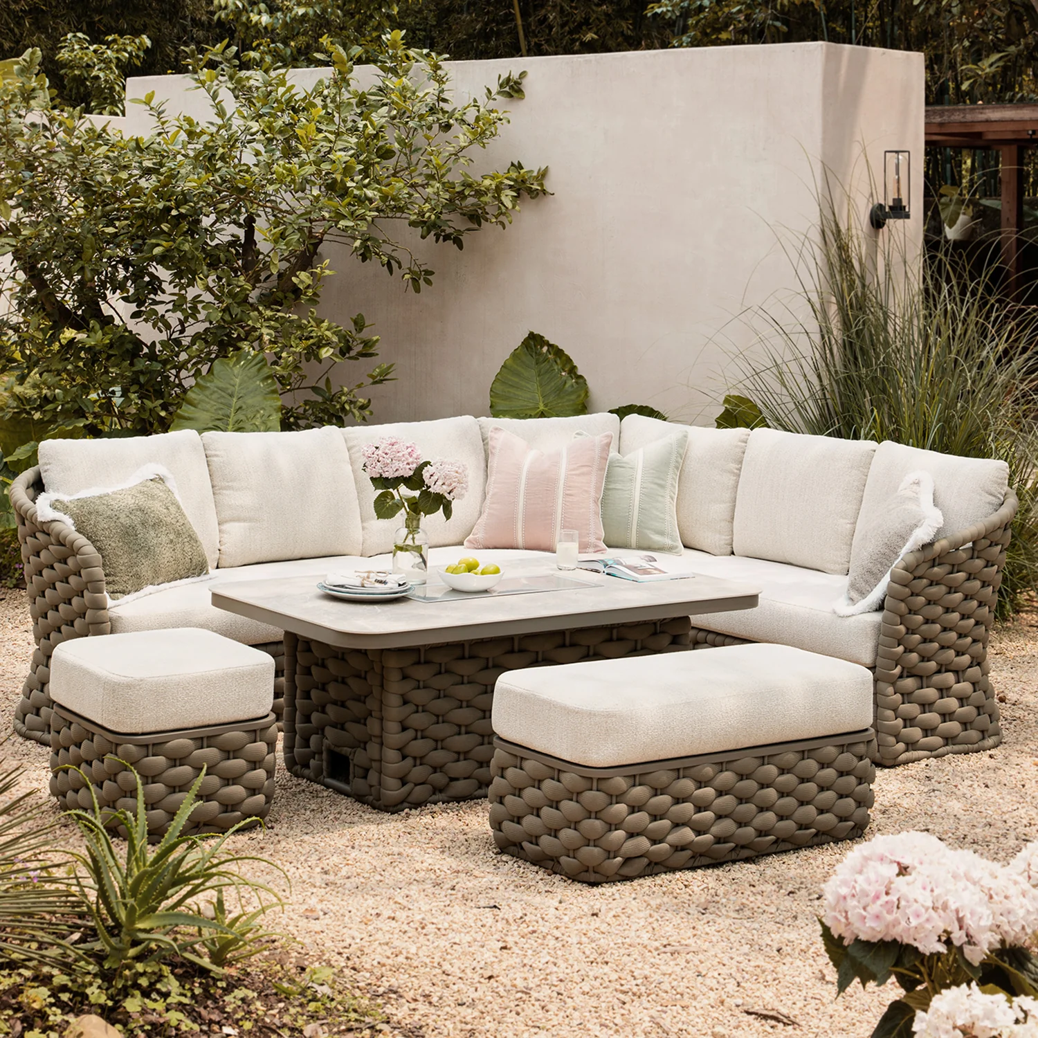 Positano Wide Rope Large Corner Casual Dining Set | Firepit Table, Taupe - Image 5