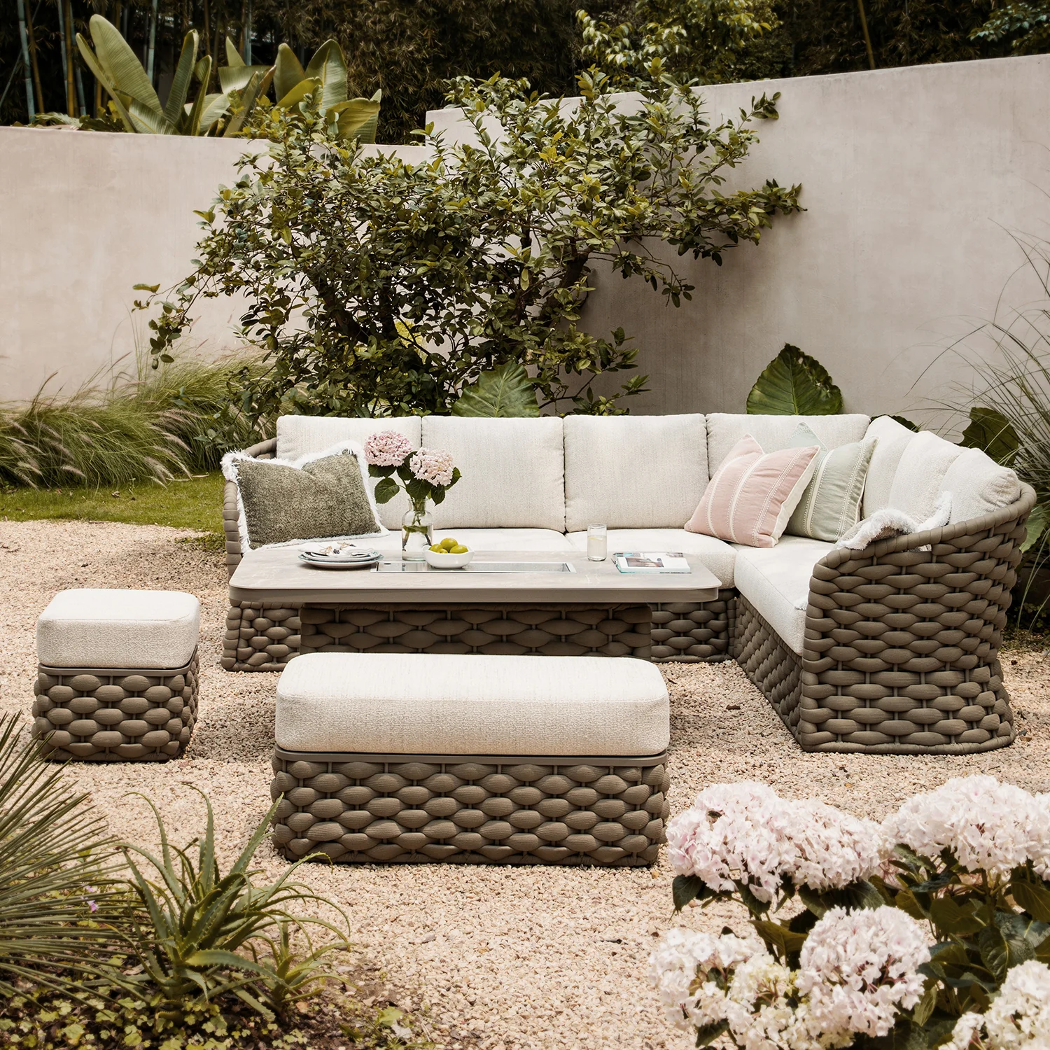 Positano Wide Rope Large Corner Casual Dining Set | Firepit Table, Taupe - Image 6