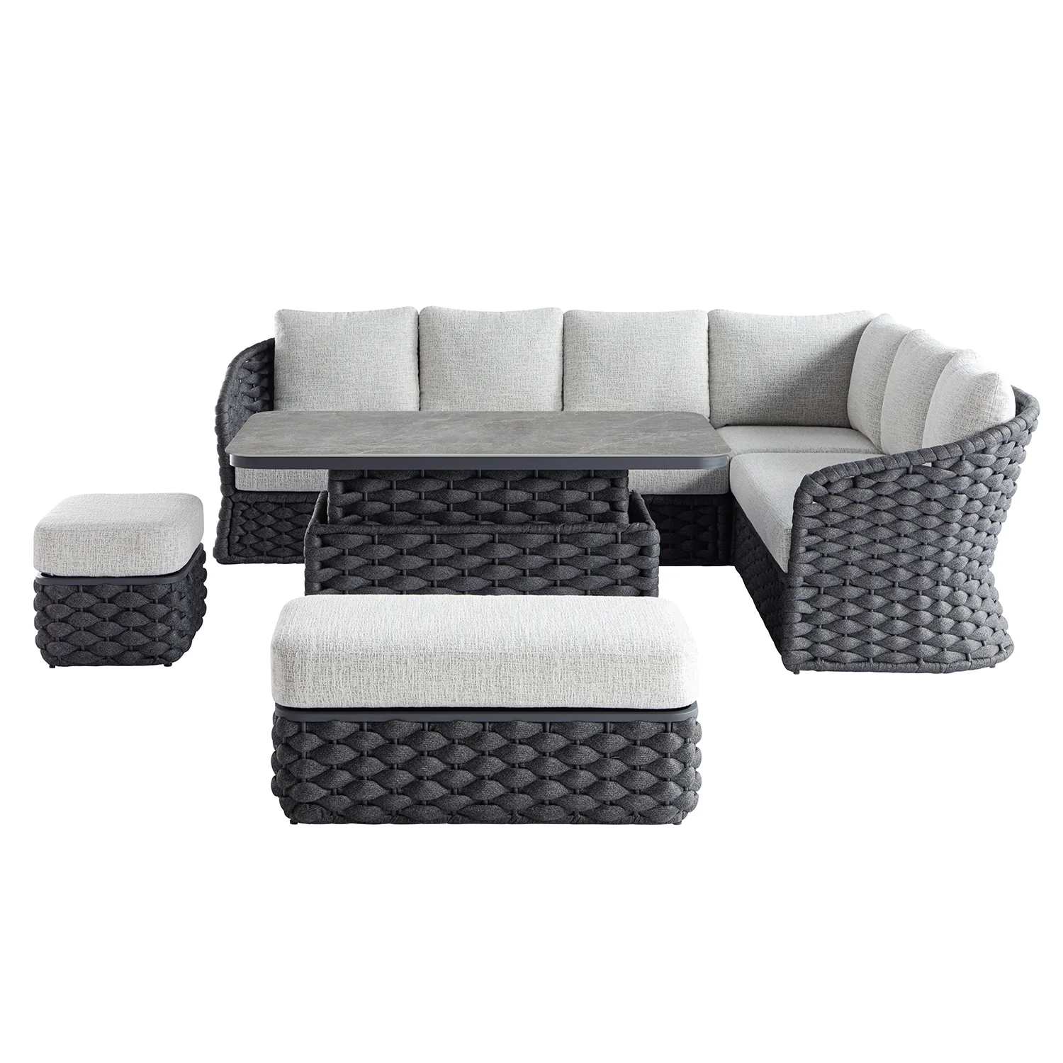 Positano Wide Rope Large Corner Casual Dining Set | Rising Table, Grey - Image 2