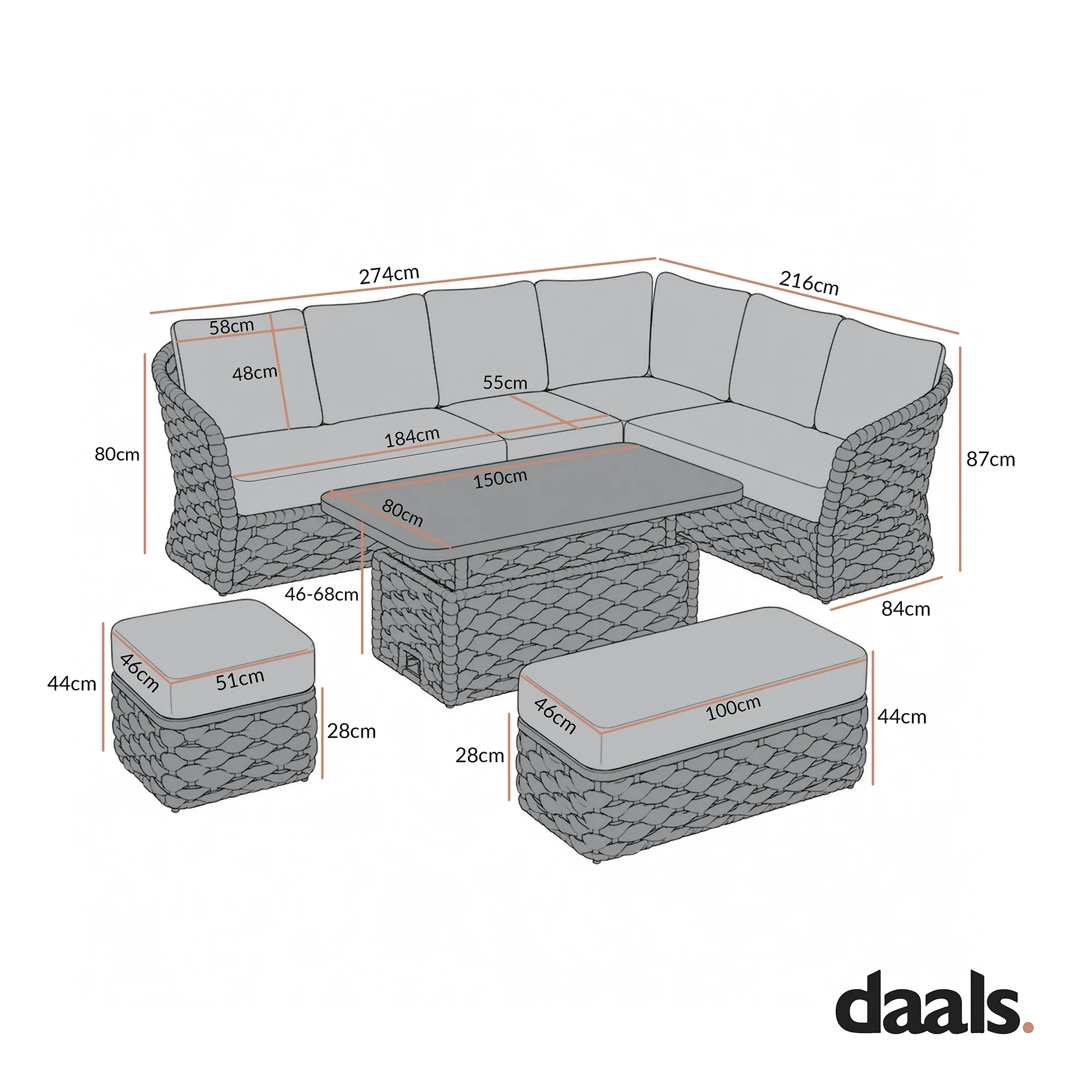 Positano Wide Rope Large Corner Casual Dining Set | Rising Table, Grey - Image 3