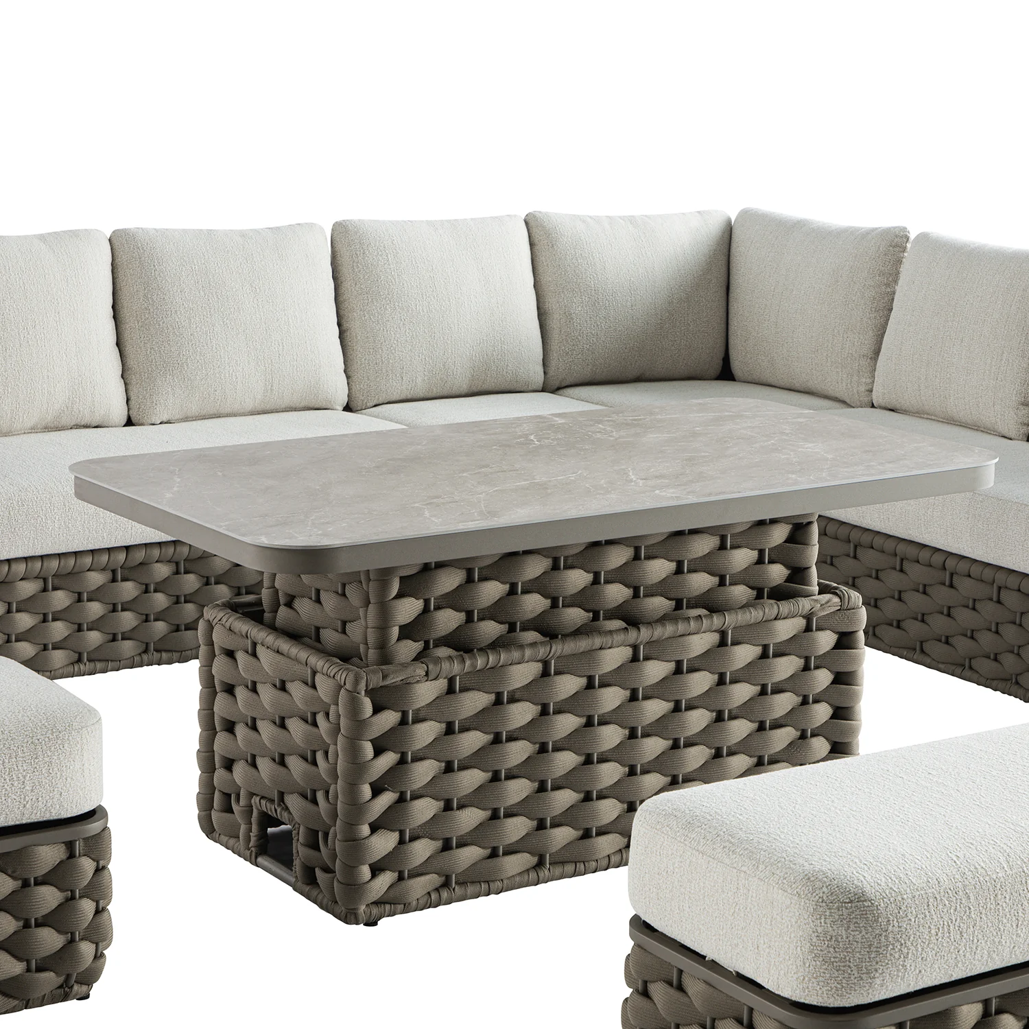 Positano Wide Rope Large Corner Casual Dining Set | Rising Table, Taupe - Image 8