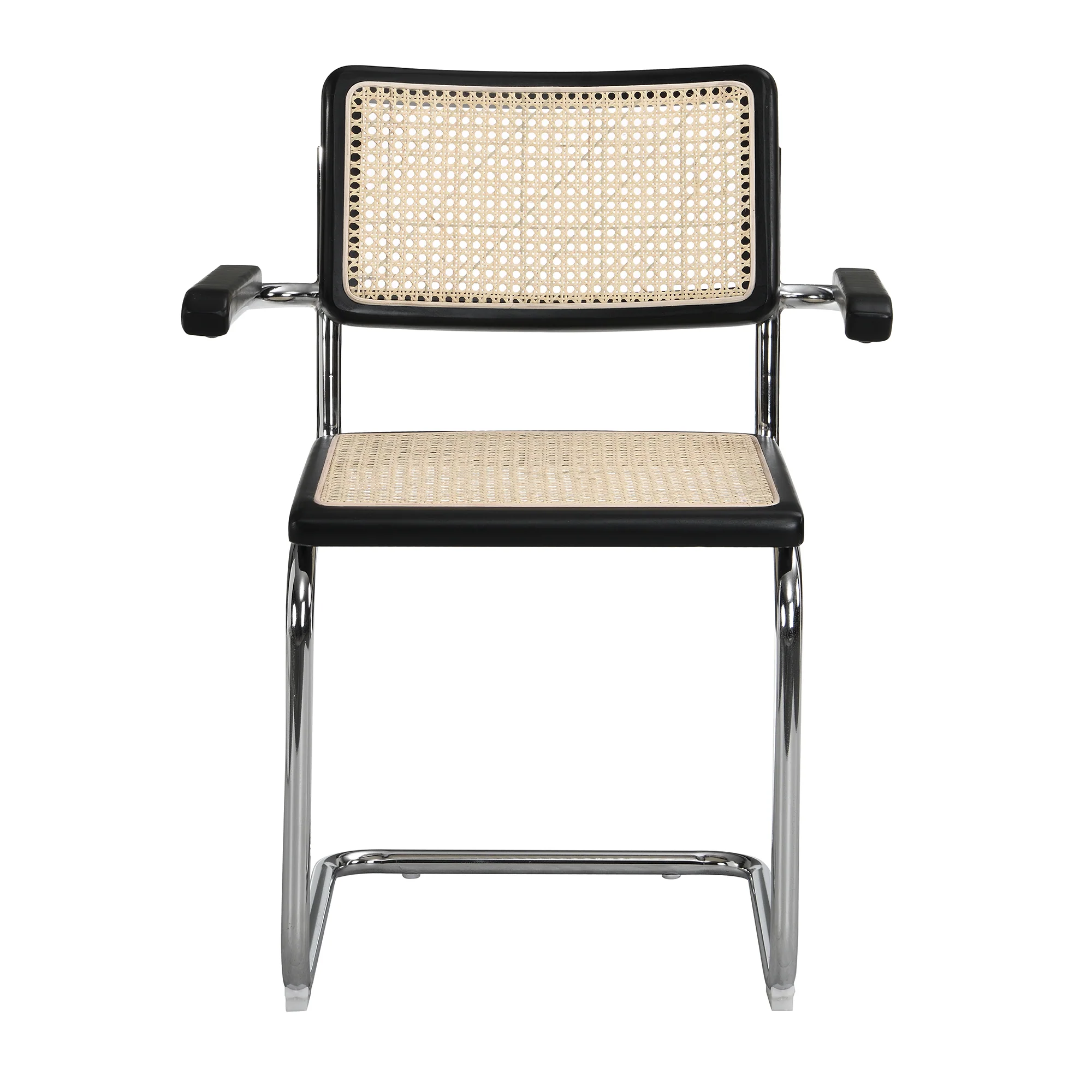 Rayna Pair of 2 Solid Beech Dining Chairs with Armrests, Natural Cane & Chrome (Black) - Image 5