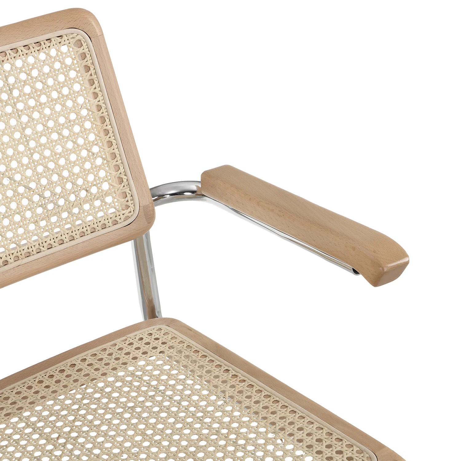 Rayna Pair of 2 Solid Beech Dining Chairs with Armrests, Natural Cane & Chrome (Natural) - Image 8