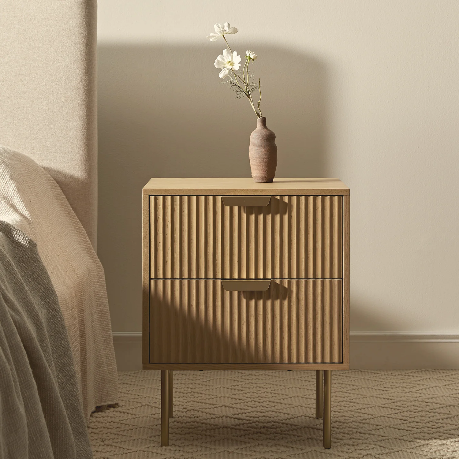 Richmond Ridged 2 Drawer Bedside Table, Light Ash - Image 2