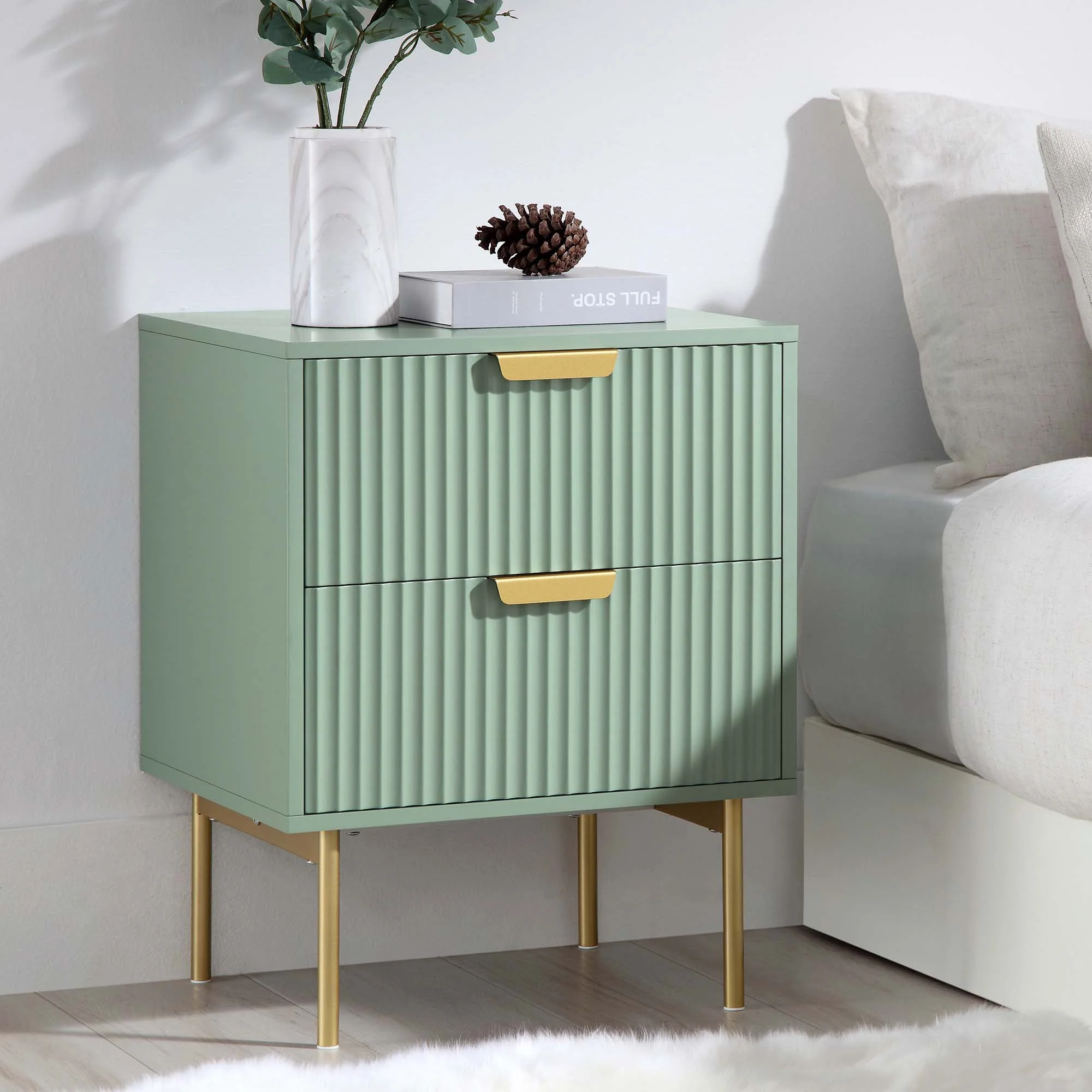 Richmond Ridged 2 Drawer Bedside Table, Matte Sage Green - Image 2