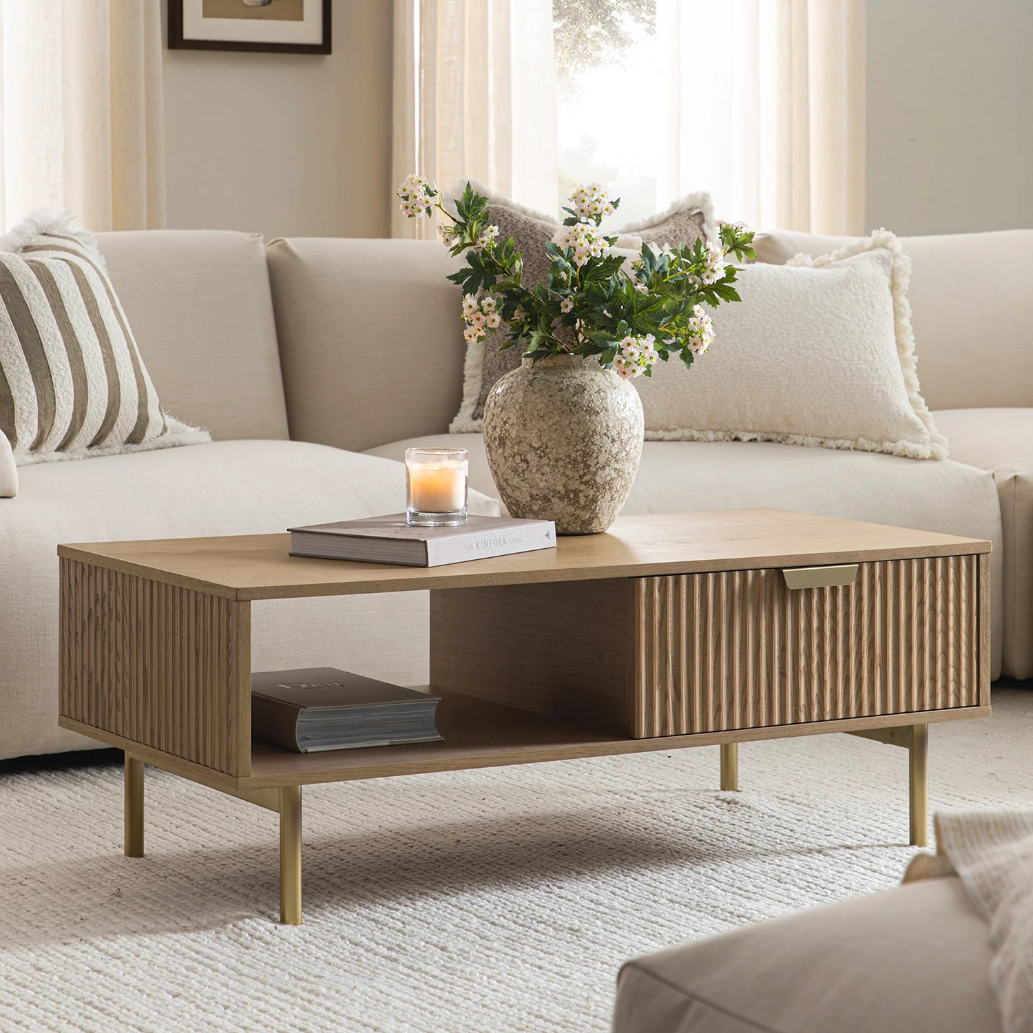 Richmond Ridged Coffee Table with Drawer, Light Ash