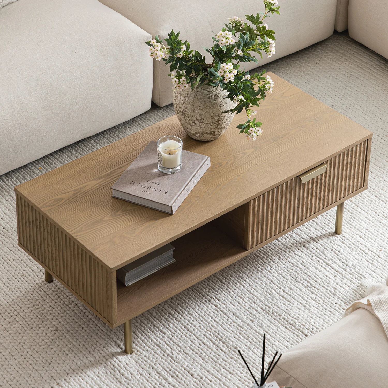 Richmond Ridged Coffee Table with Drawer, Light Ash - Image 2