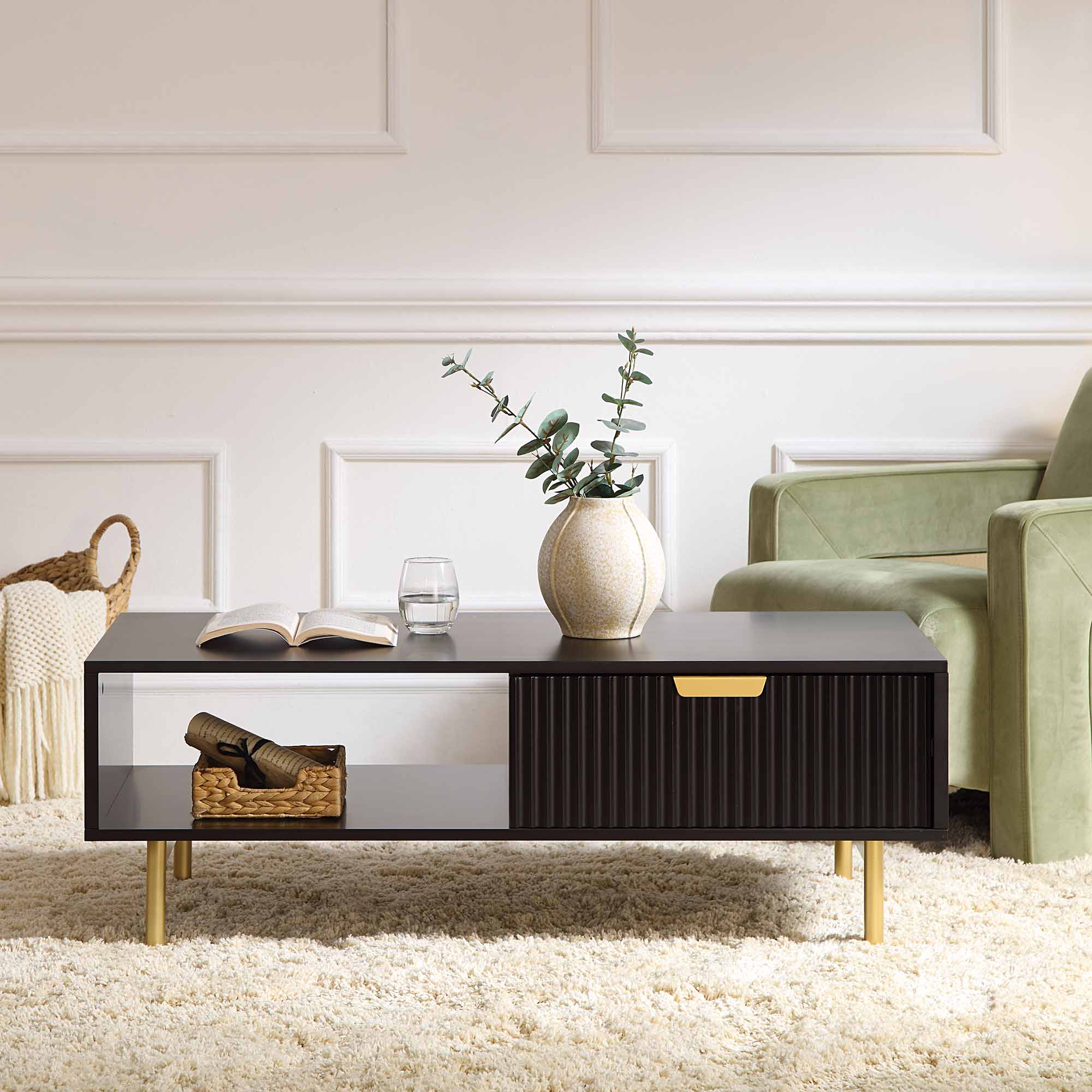 Richmond Ridged Coffee Table with Drawer, Matte Black - Image 2