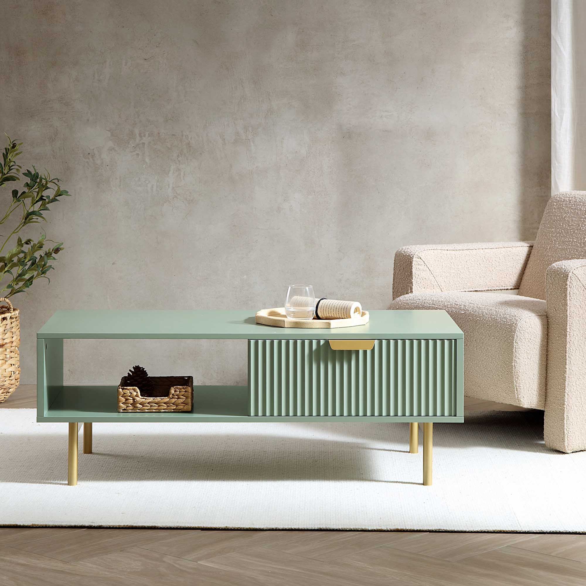 Richmond Ridged Coffee Table with Drawer, Matte Sage Green - Image 2