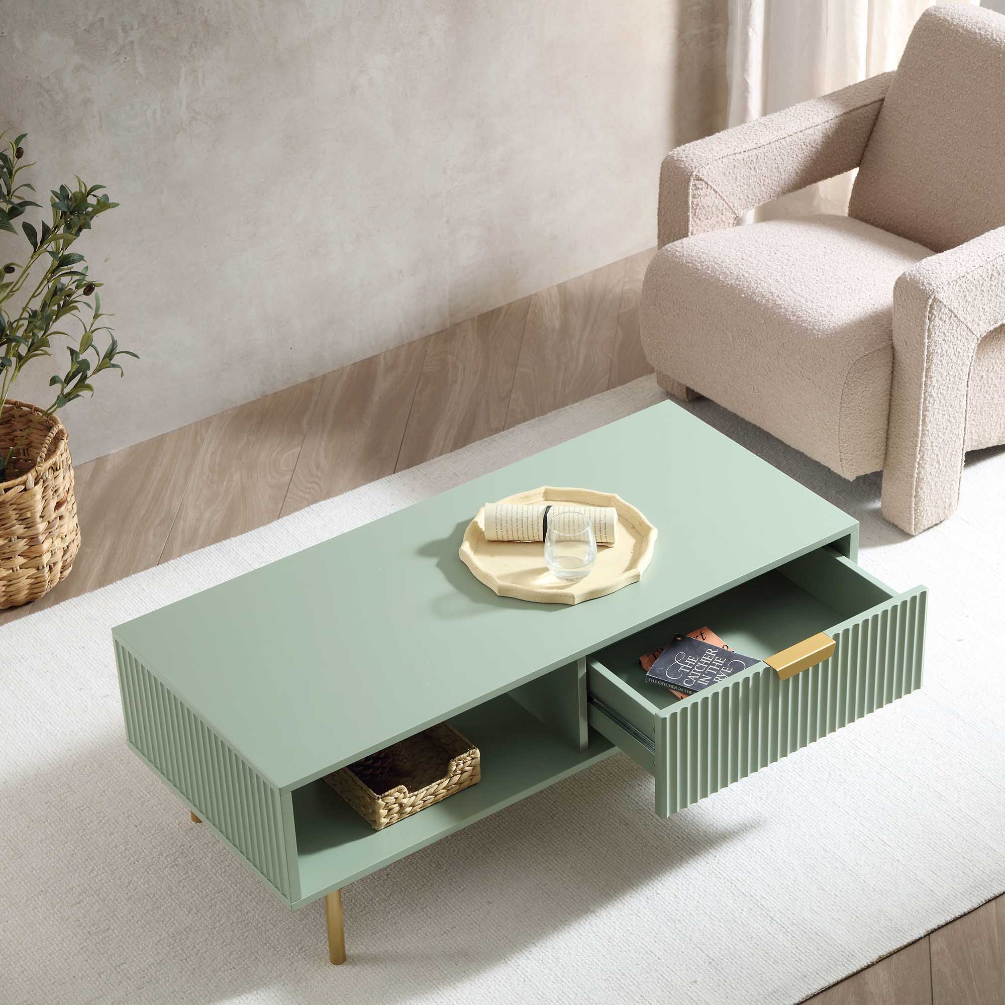 Richmond Ridged Coffee Table with Drawer, Matte Sage Green - Image 3