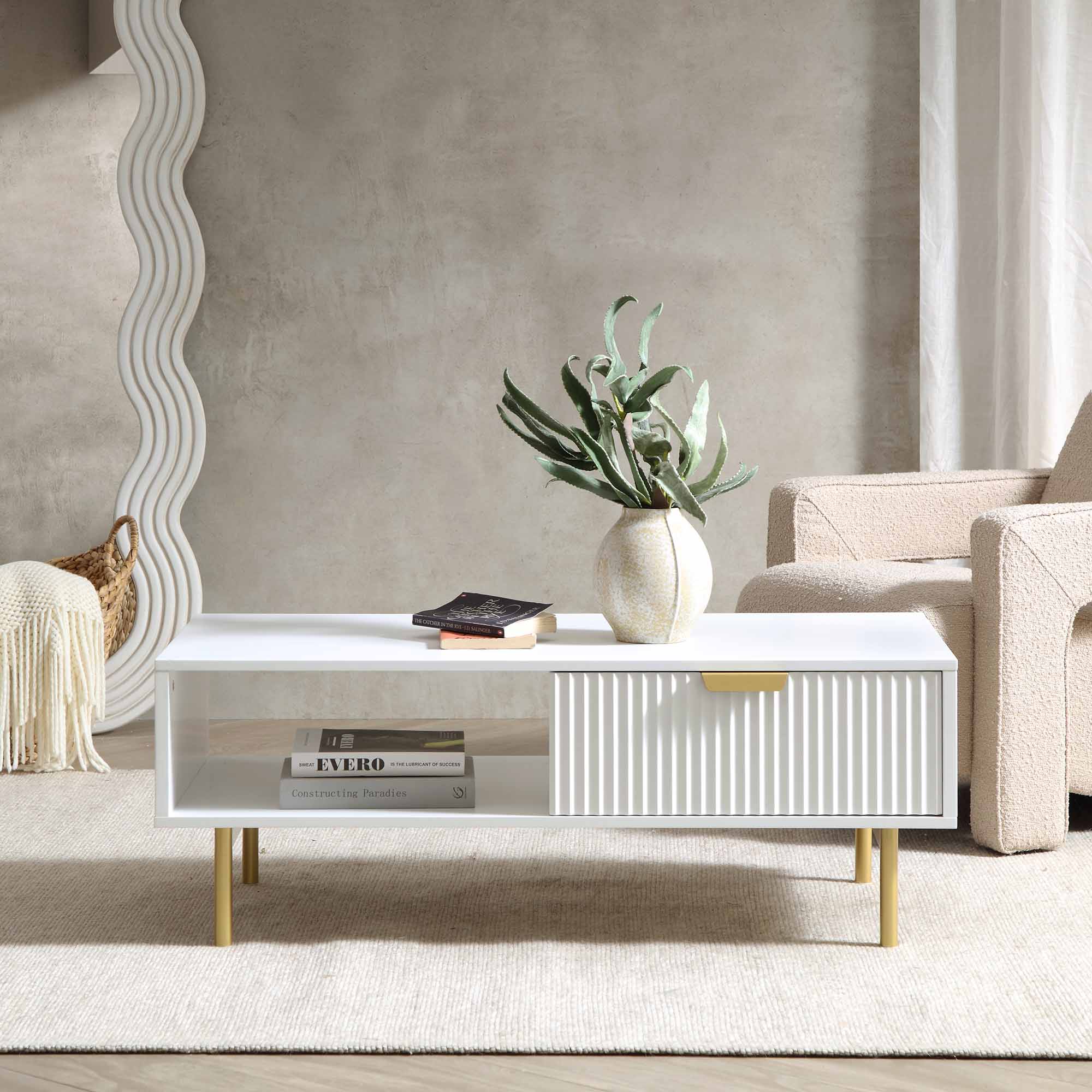 Richmond Ridged Coffee Table with Drawer, Matte White - Image 2