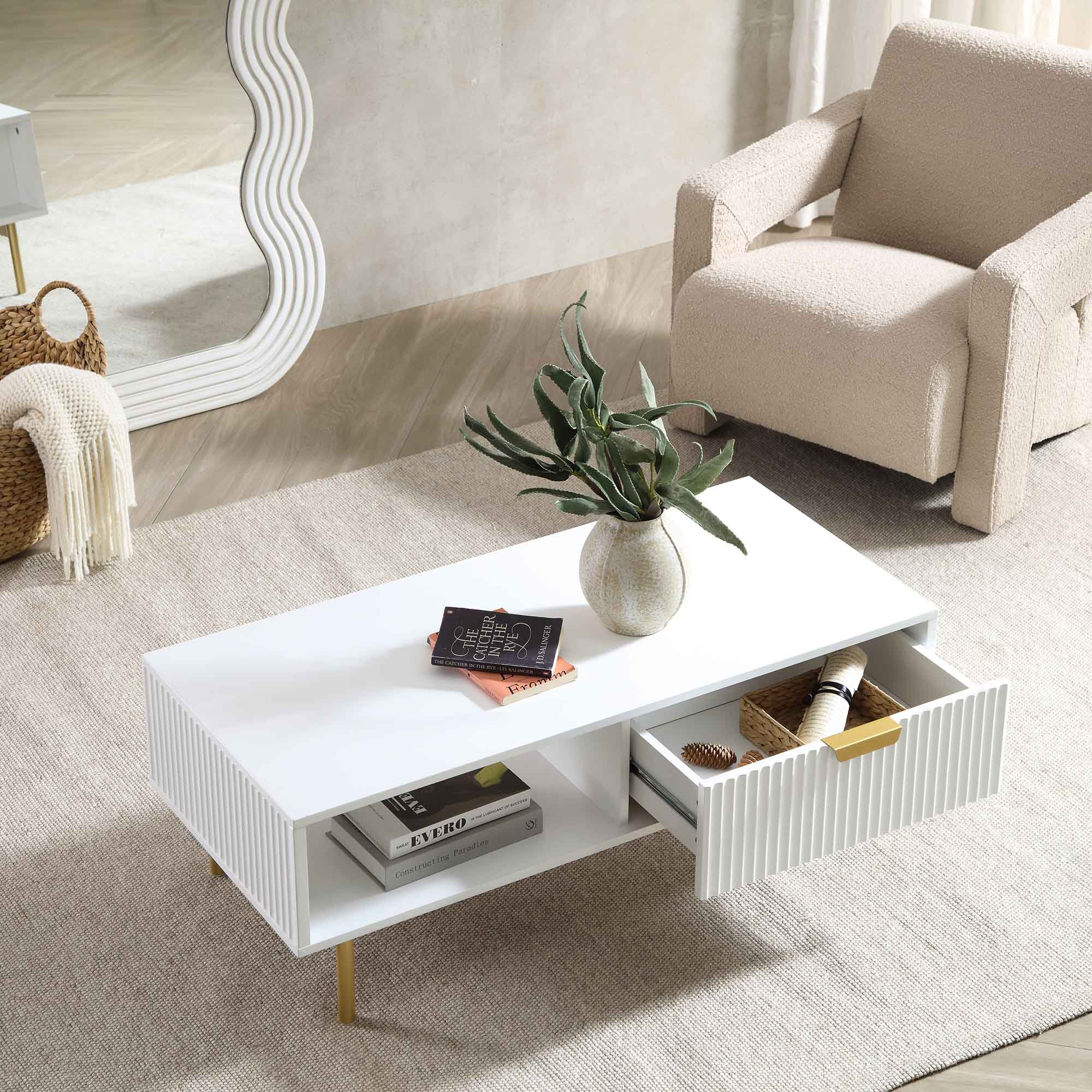 Richmond Ridged Coffee Table with Drawer, Matte White - Image 3