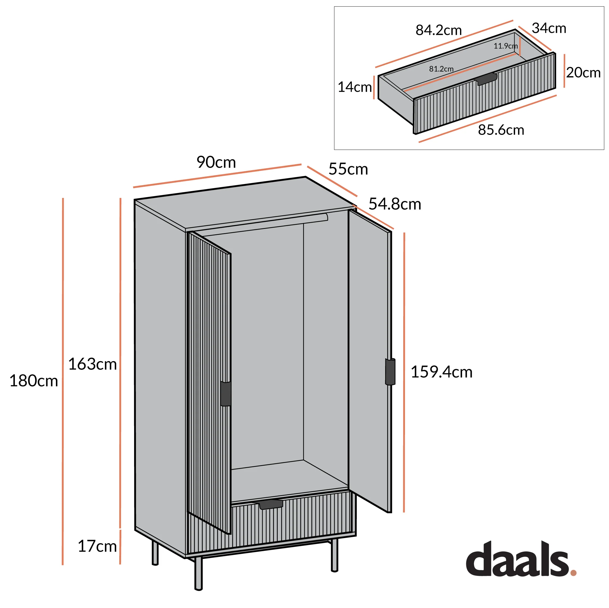 Richmond Ridged Double Wardrobe with Drawer, Matte Black - Image 6