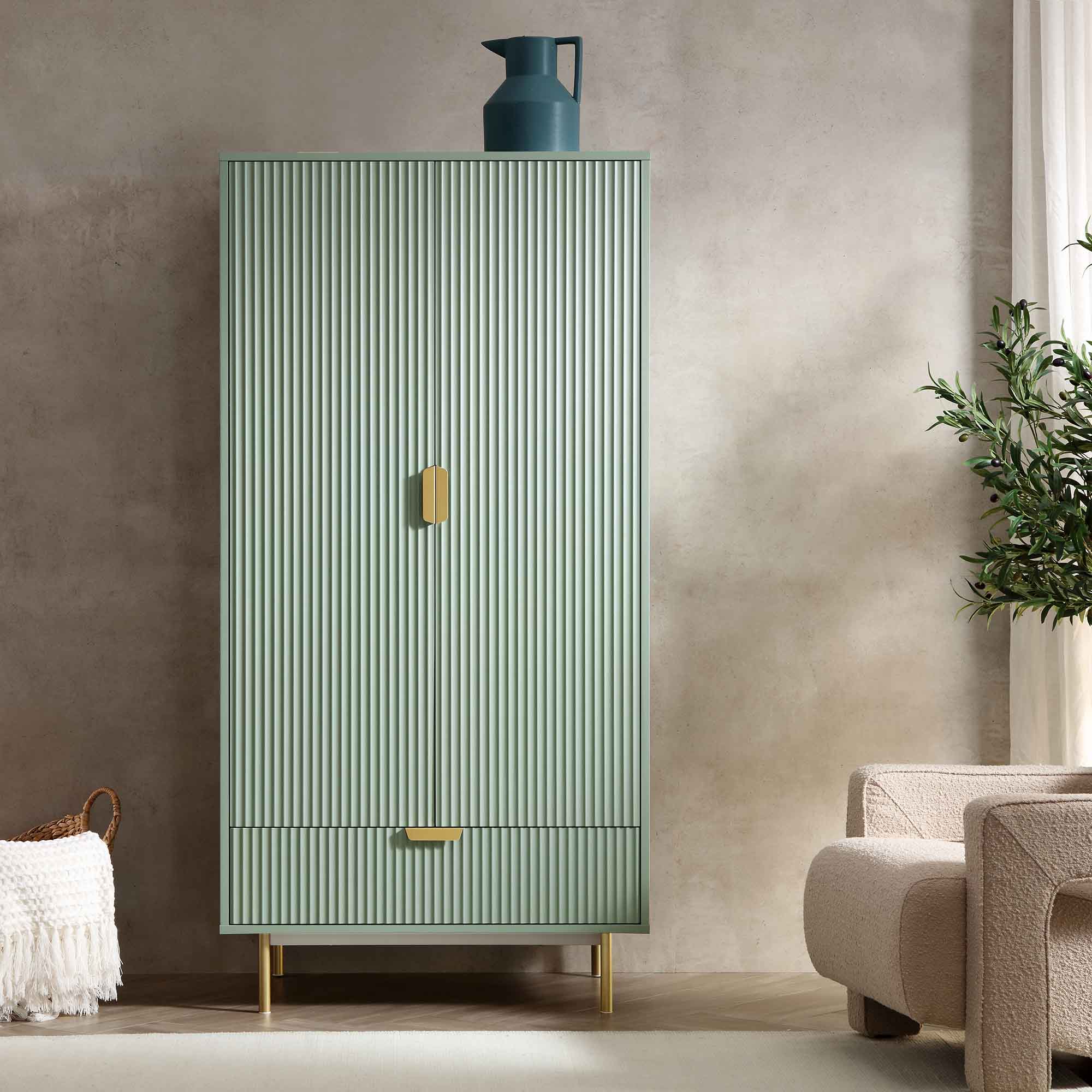 Richmond Ridged Double Wardrobe with Drawer, Matte Sage Green - Image 2