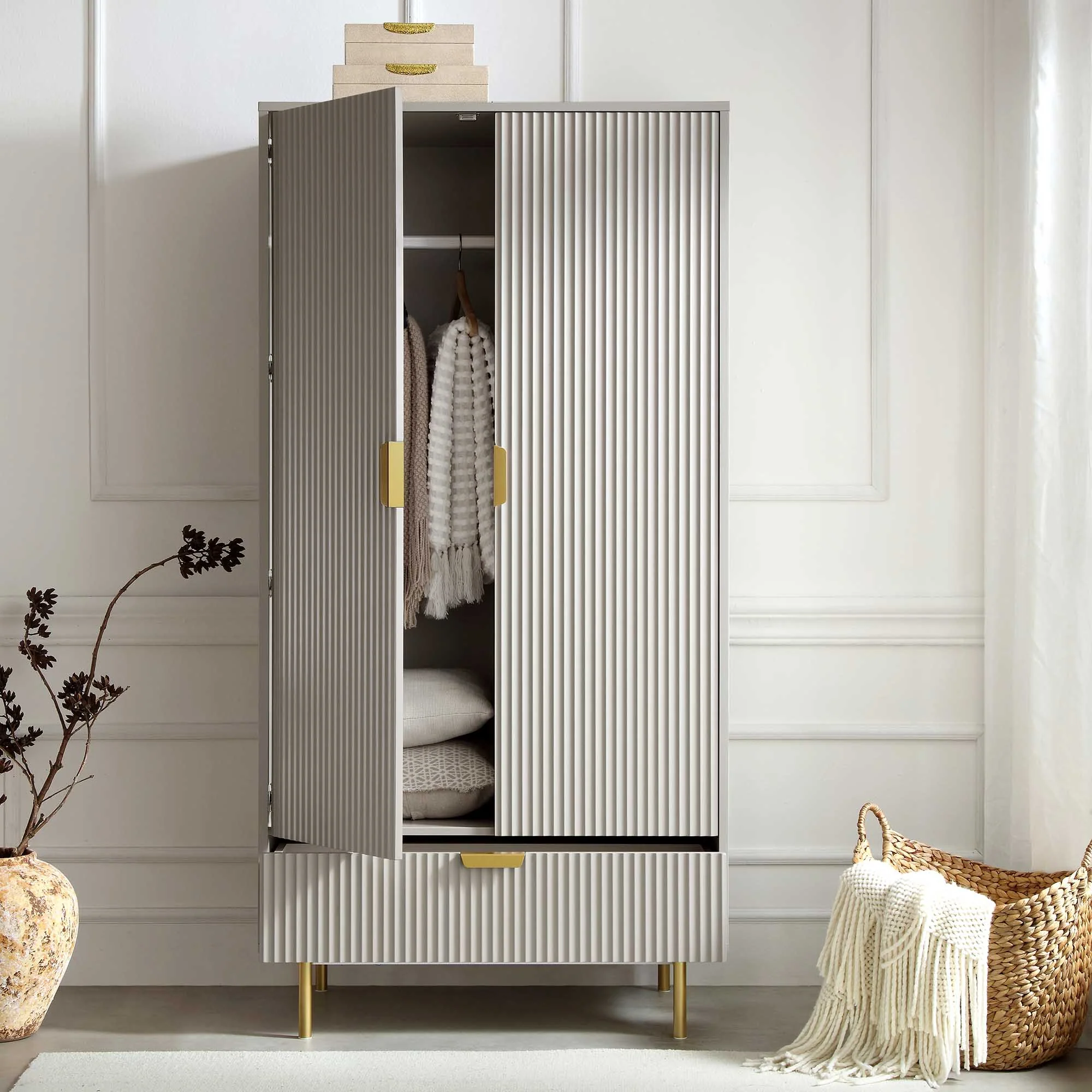 Richmond Ridged Double Wardrobe with Drawer, Matte Taupe - Image 3