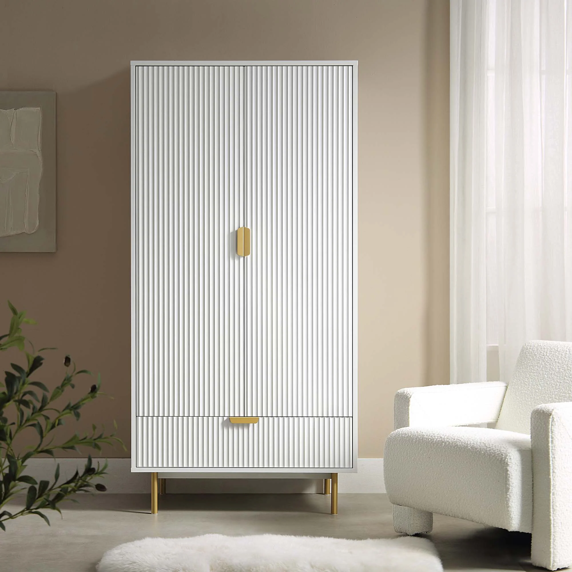 Richmond Ridged Double Wardrobe with Drawer, Matte White - Image 2