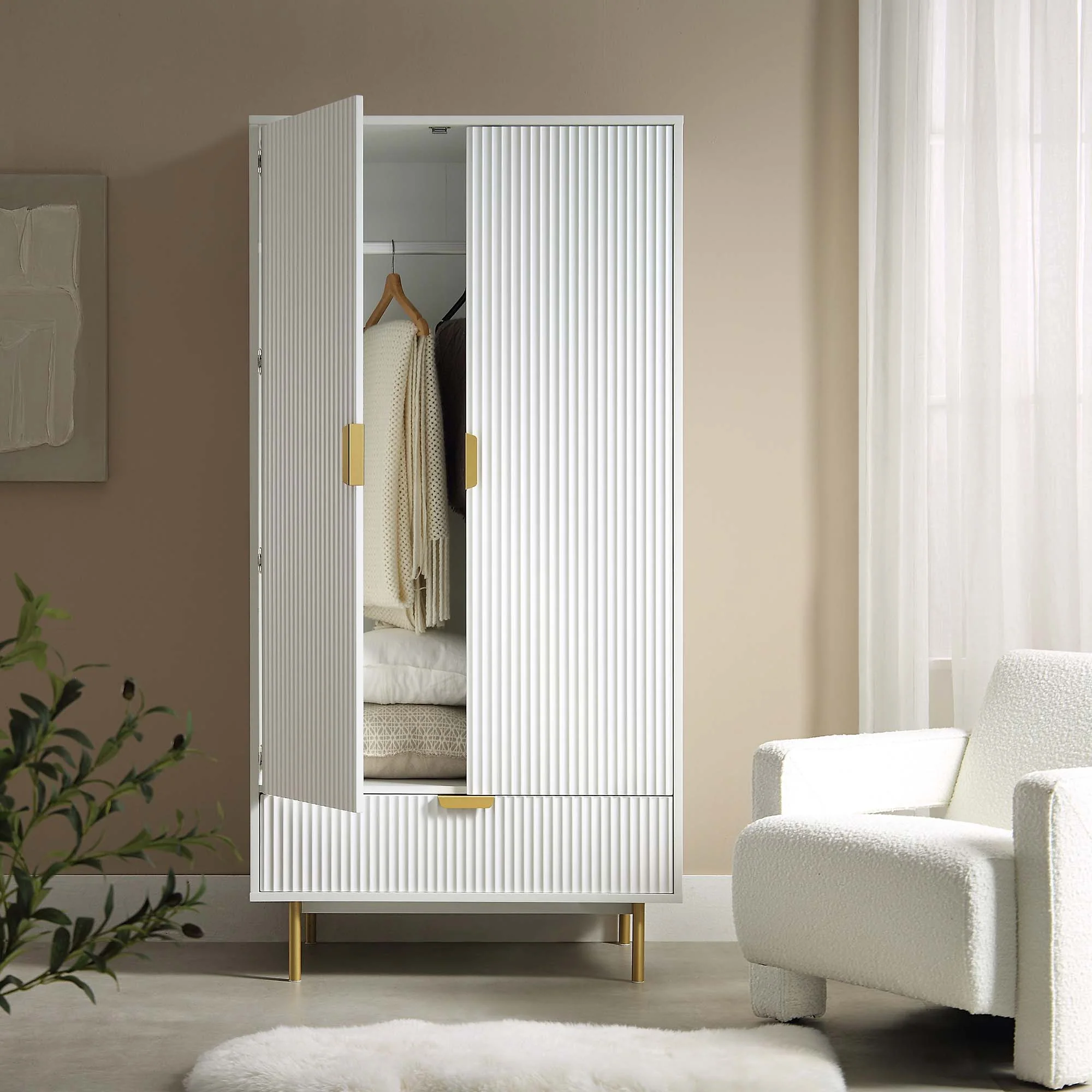Richmond Ridged Double Wardrobe with Drawer, Matte White - Image 3