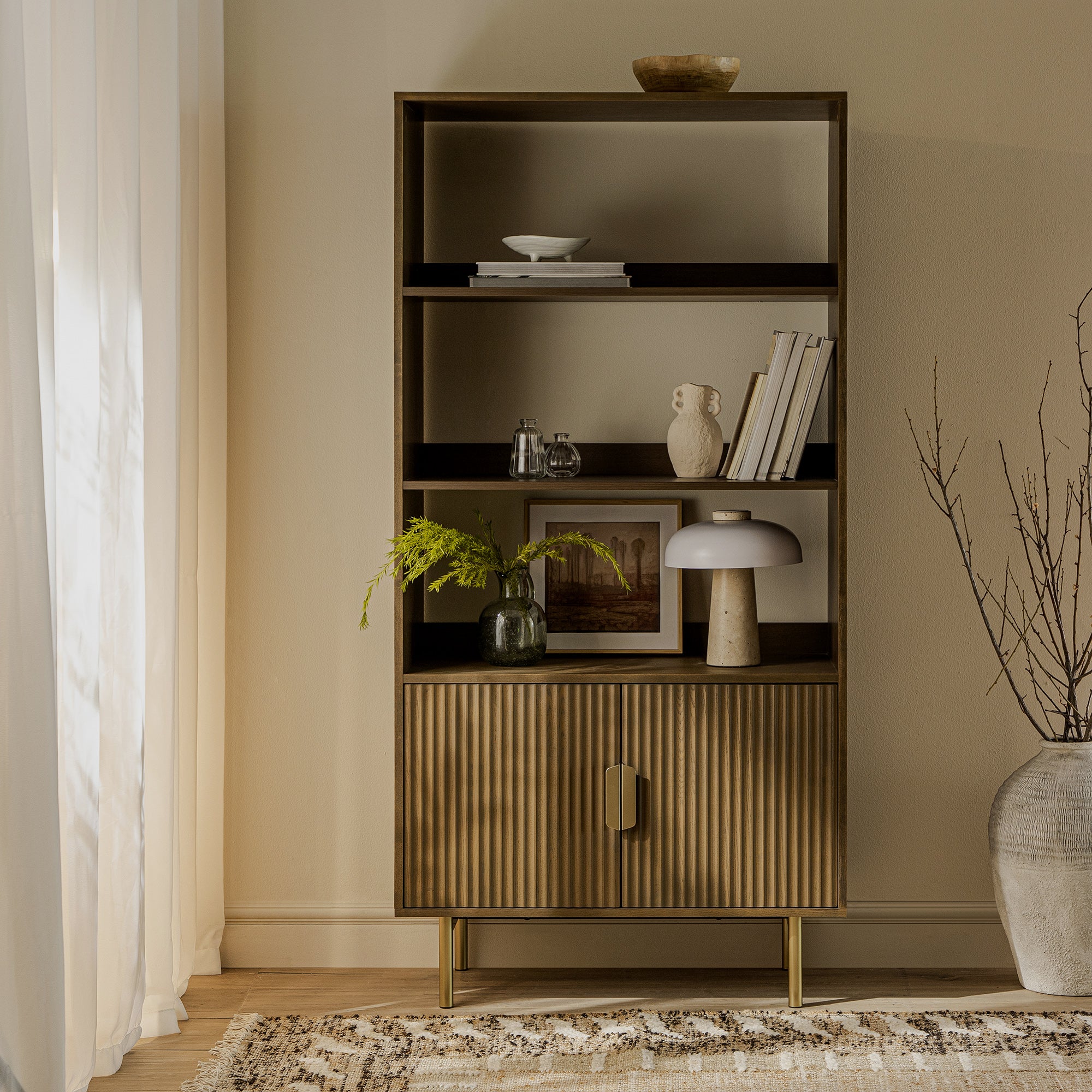Richmond Ridged Tall Bookcase with Doors, Dark Ash - Image 2
