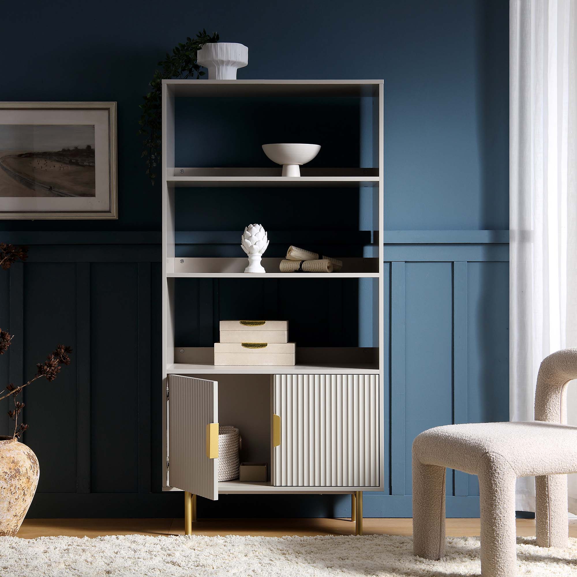 Richmond Ridged Tall Bookcase with Doors, Matte Taupe - Image 3