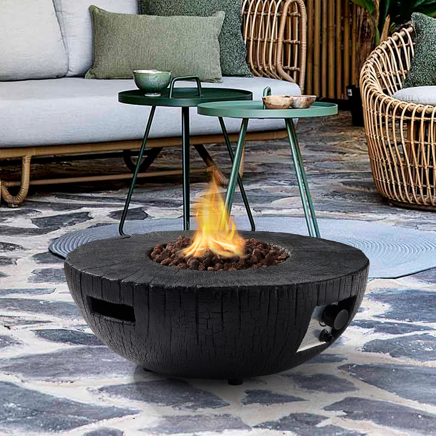 Round Outdoor Charred Wood Effect Concrete Gas Fire Bowl - Image 2