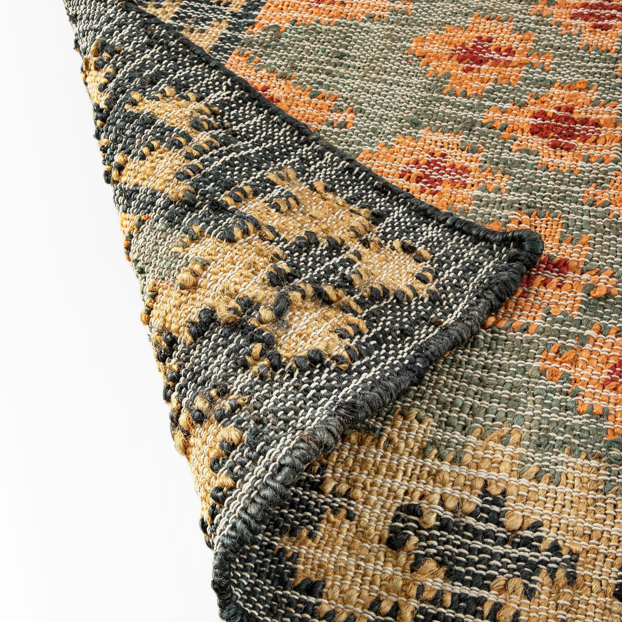 Safi Kilim Traditional Handwoven Jute & Cotton Deep Orange and Blue Rug - Image 7