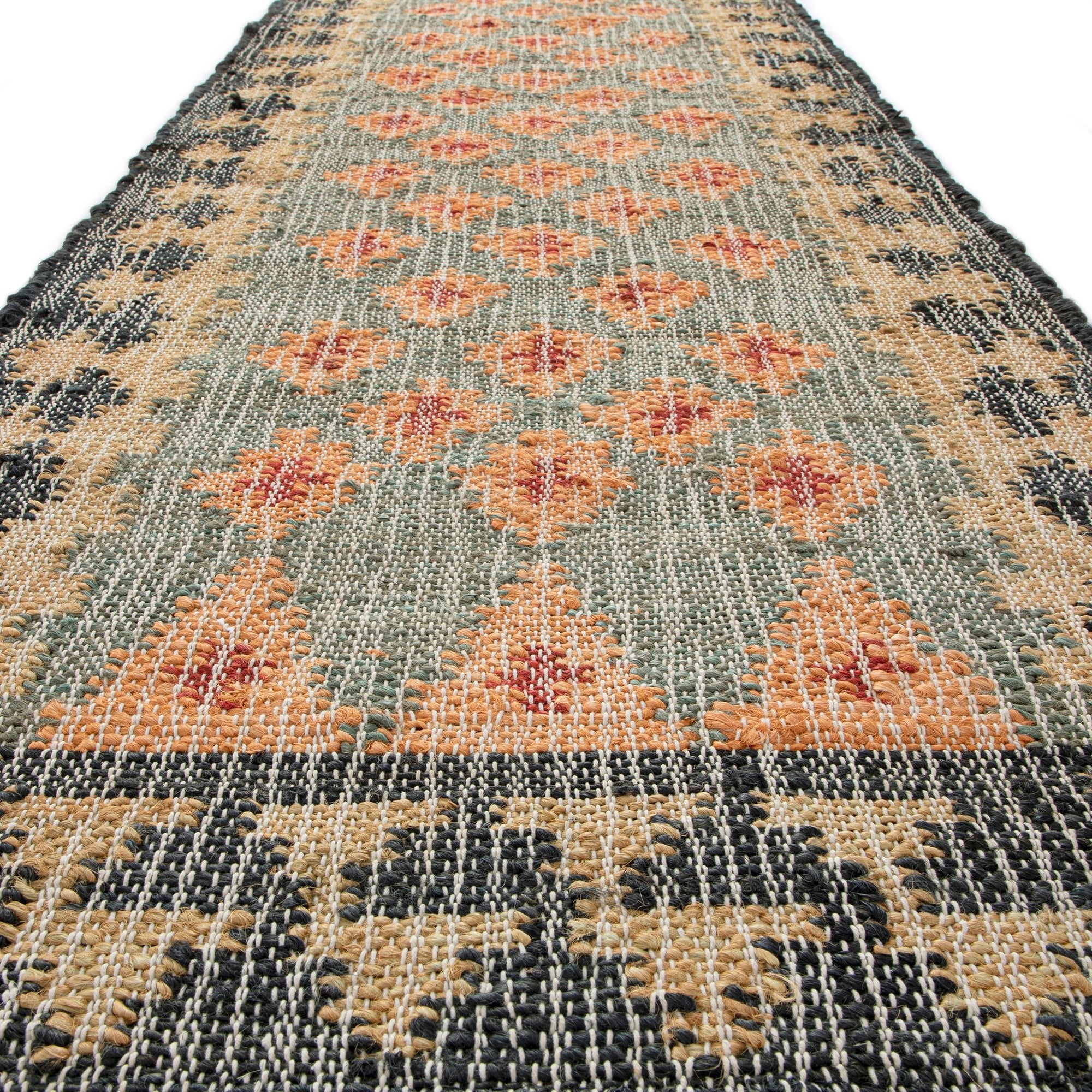 Safi Kilim Traditional Handwoven Jute & Cotton Deep Orange and Blue Runner - Image 4