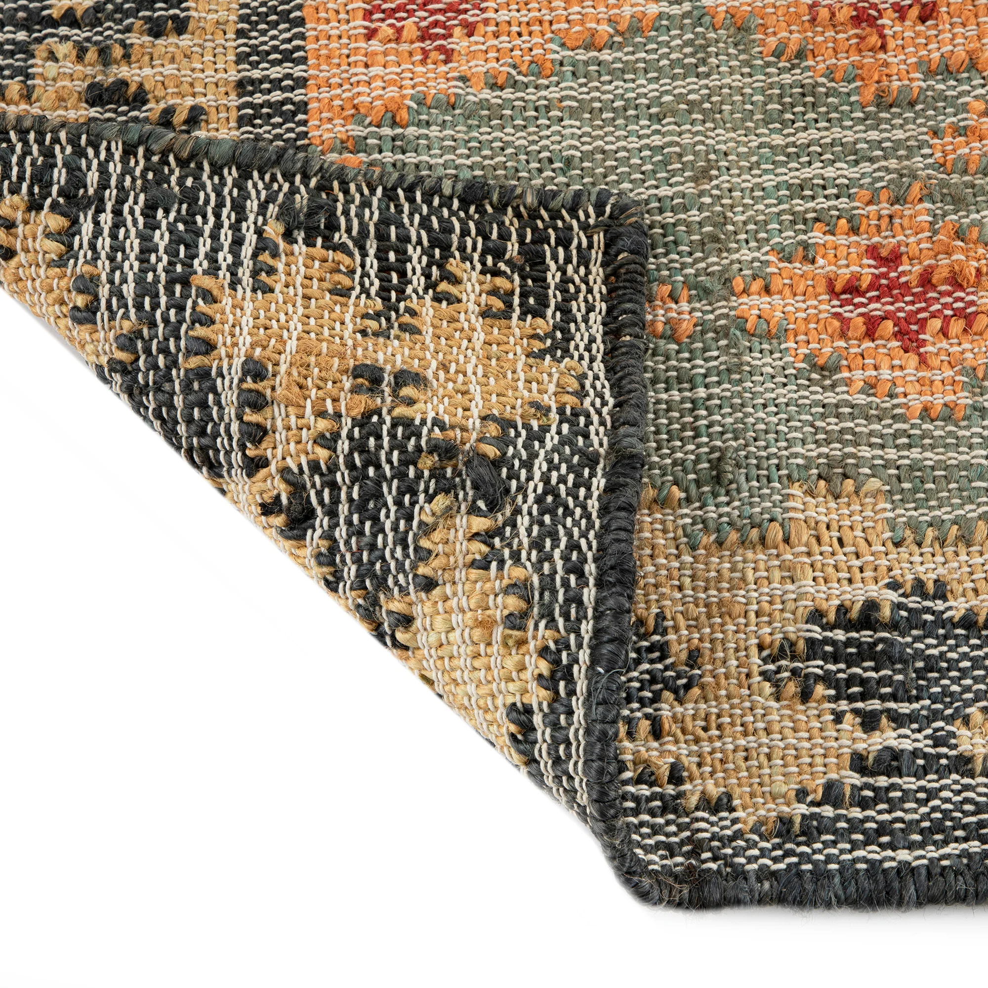 Safi Kilim Traditional Handwoven Jute & Cotton Deep Orange and Blue Runner - Image 6