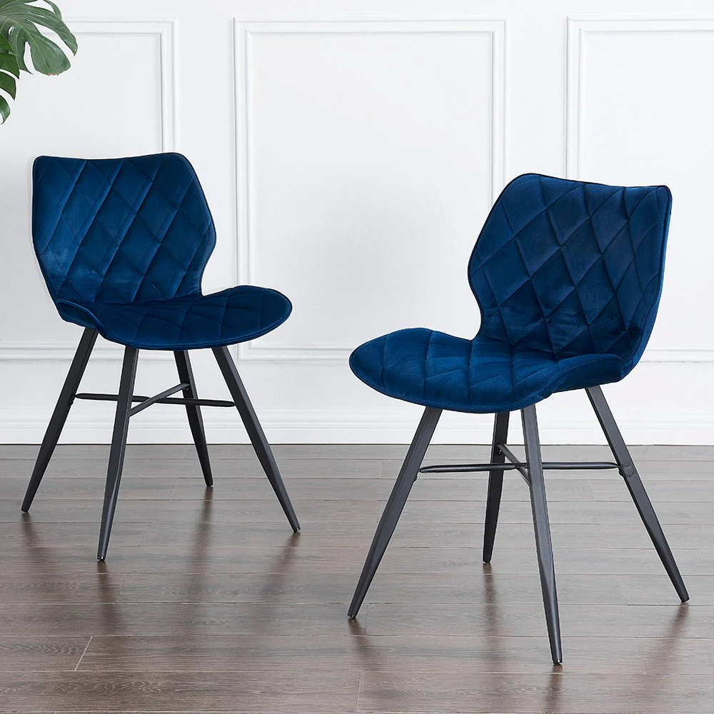 Set of 2 Ampney Velvet Diamond Stitch Dining Chairs with Metal Legs (Blue Velvet) - Image 2